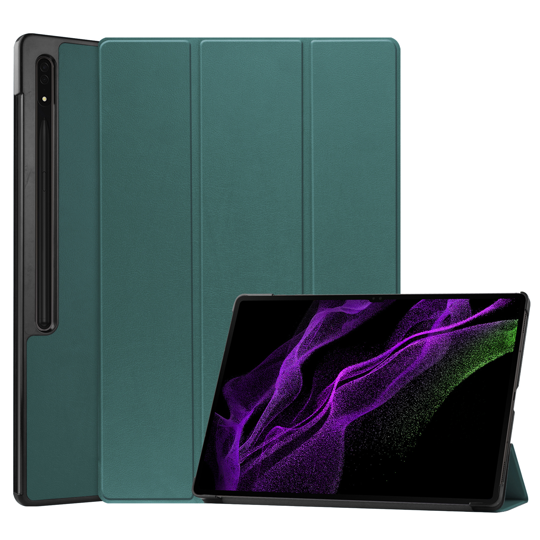 Nomfy Hoes Geschikt voor Samsung Galaxy Tab S9 Ultra Hoes Tri-fold Tablet Hoesje Case Met Uitsparing Geschikt voor S Pen - Hoesje Geschikt voor Samsung Tab S9 Ultra Hoesje Hardcover Bookcase - Donkergroen
