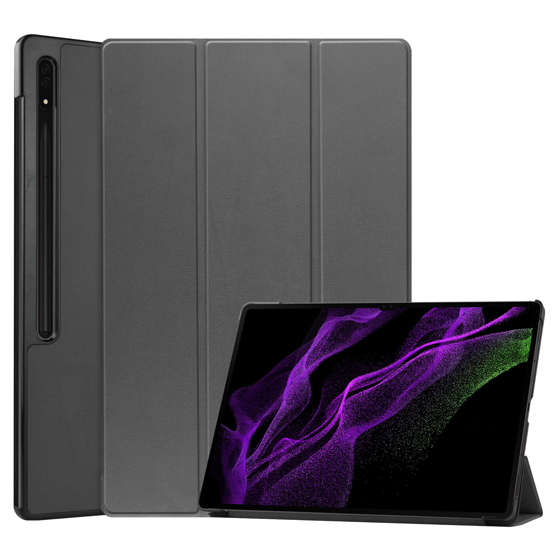 Nomfy Hoes Geschikt voor Samsung Galaxy Tab S9 Ultra Hoes Tri-fold Tablet Hoesje Case Met Uitsparing Geschikt voor S Pen - Hoesje Geschikt voor Samsung Tab S9 Ultra Hoesje Hardcover Bookcase - Grijs