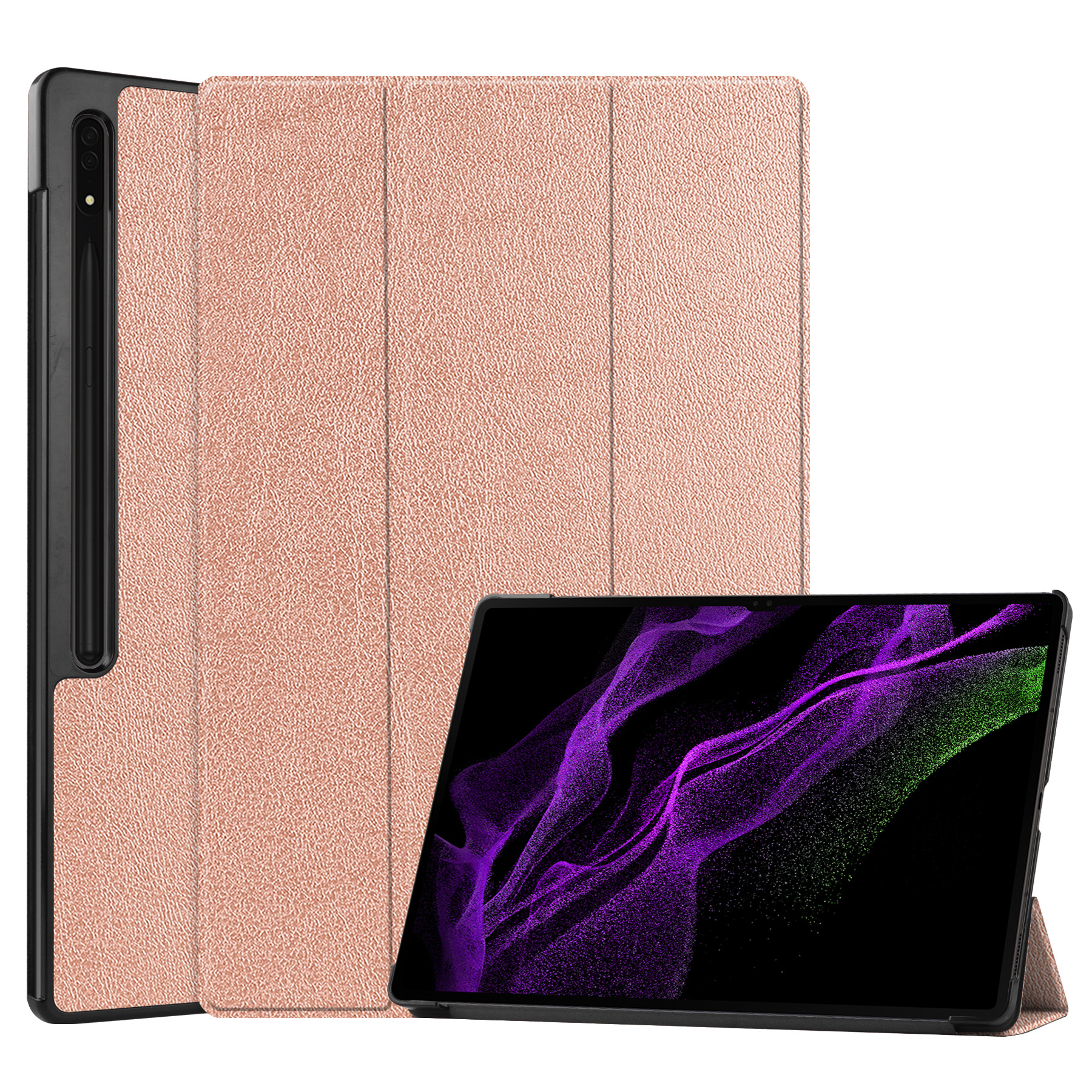 Nomfy Hoes Geschikt voor Samsung Galaxy Tab S9 Ultra Hoes Tri-fold Tablet Hoesje Case Met Uitsparing Geschikt voor S Pen - Hoesje Geschikt voor Samsung Tab S9 Ultra Hoesje Hardcover Bookcase - Rosé goud