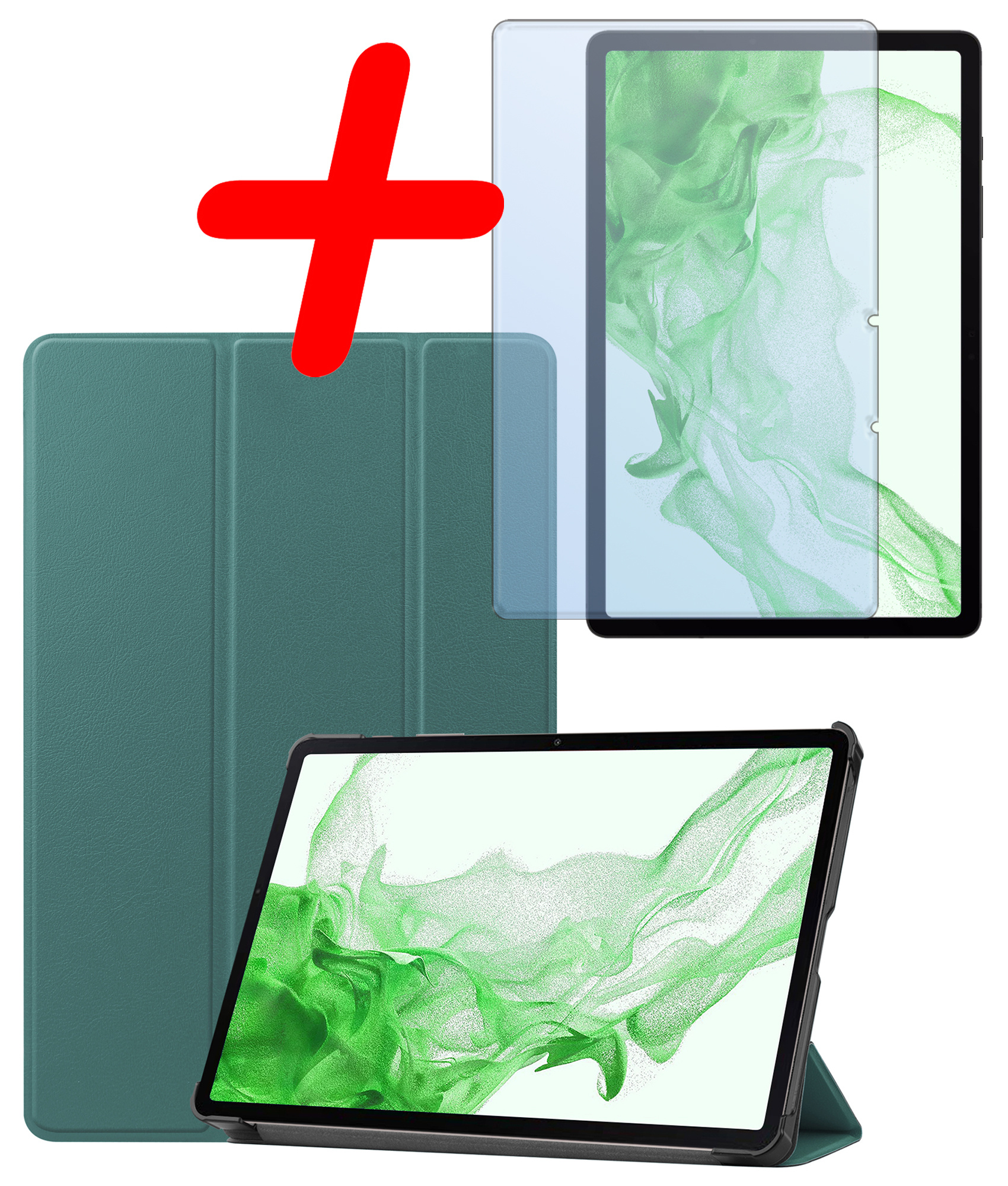 BASEY. Samsung Galaxy Tab S9 Hoes Bookcase Met S Pen Uitsparing Met Screenprotector - Samsung Tab S9 Hoesje Book Case Cover - 11 inch  - Donker Groen