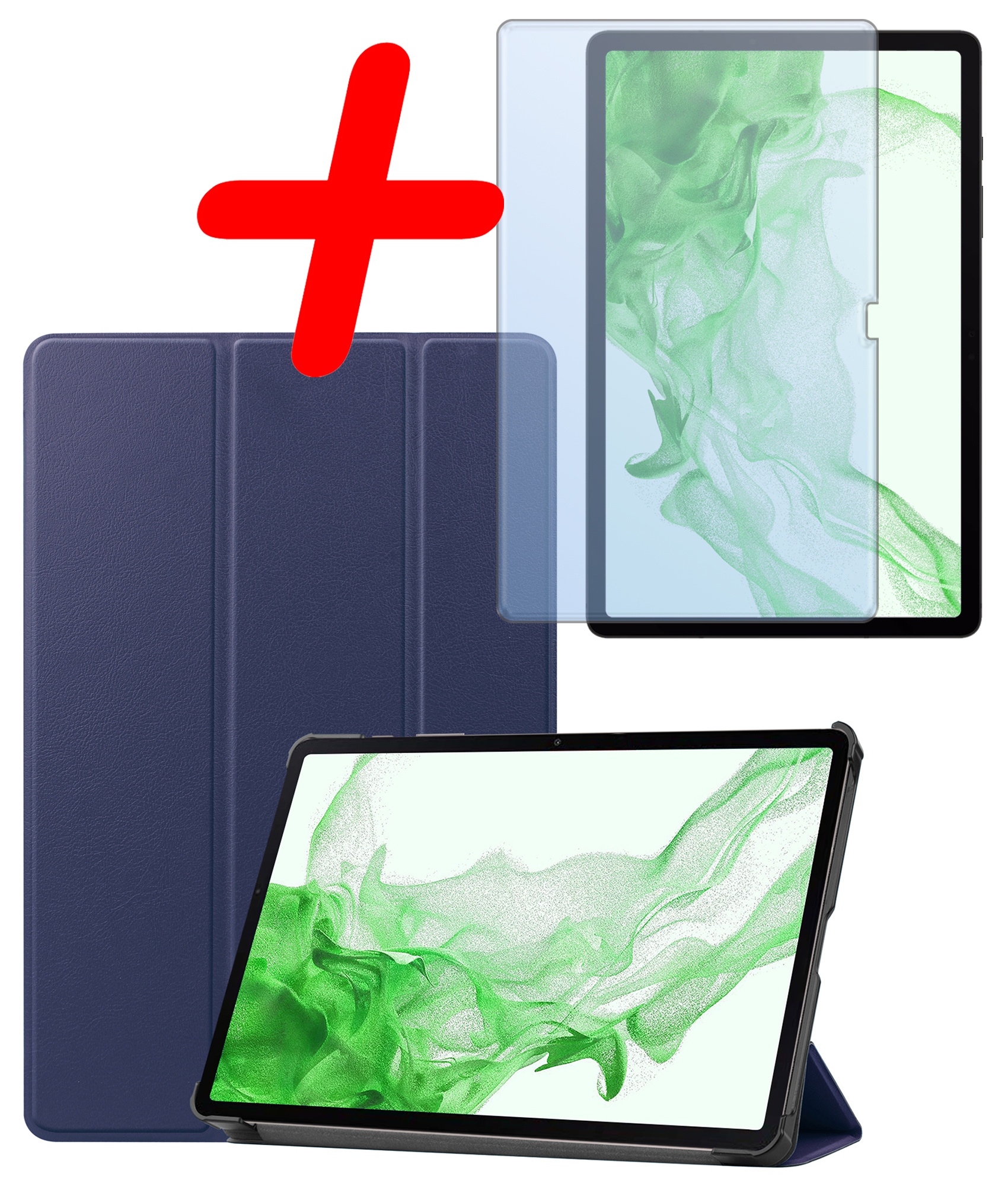 BASEY. Samsung Galaxy Tab S9 Plus Hoes Bookcase Met S Pen Uitsparing Met Screenprotector - Samsung Tab S9 Plus Hoesje Book Case Cover - 12,4 inch  - Donker Blauw