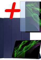 BASEY. Samsung Galaxy Tab S9 Ultra Hoes Bookcase Met S Pen Uitsparing Met Screenprotector - Samsung Tab S9 Ultra Hoesje Book Case Cover - 14,6 inch  - Donker Blauw