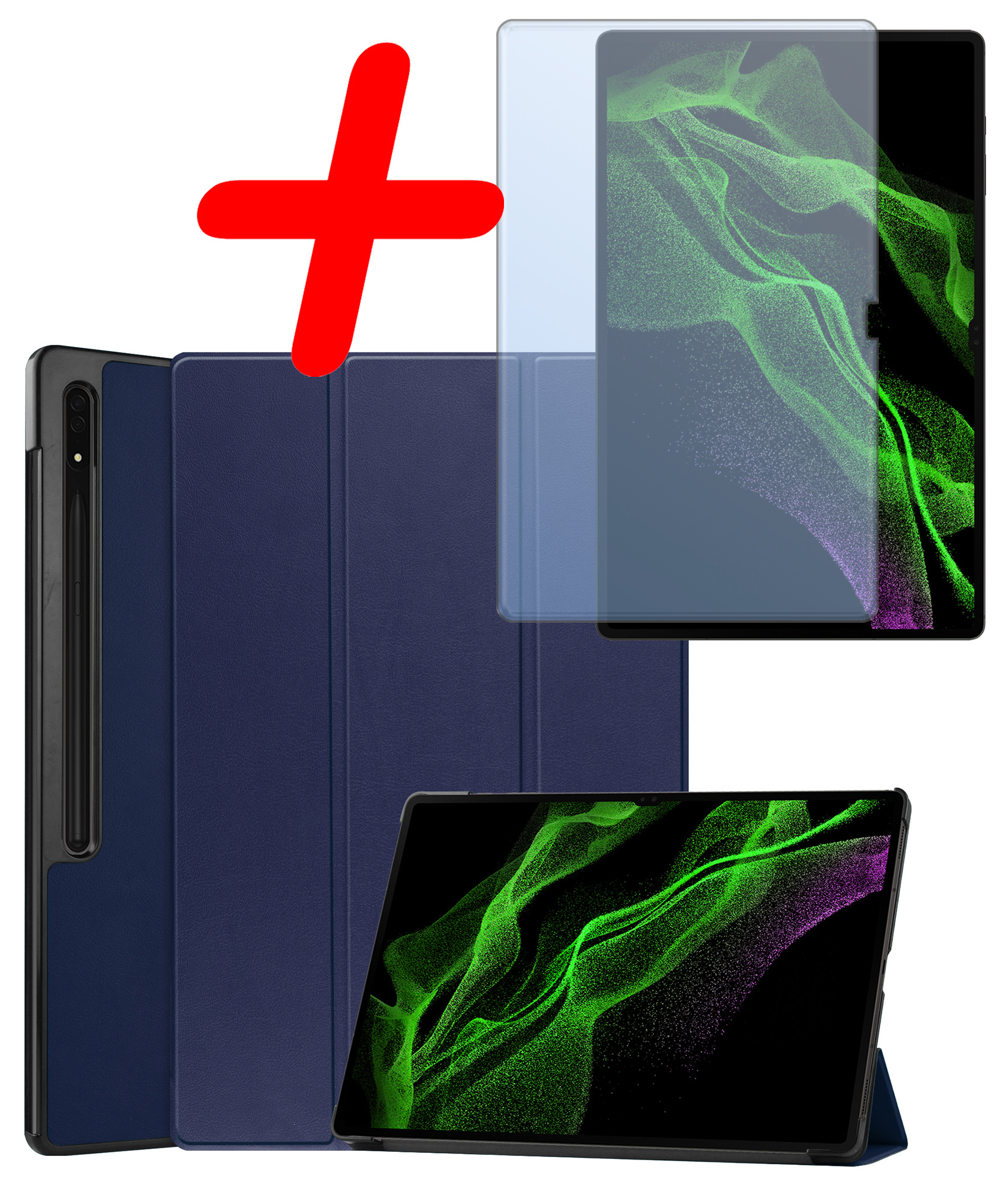 BASEY. Samsung Galaxy Tab S9 Ultra Hoes Bookcase Met S Pen Uitsparing Met Screenprotector - Samsung Tab S9 Ultra Hoesje Book Case Cover - 14,6 inch  - Donker Blauw