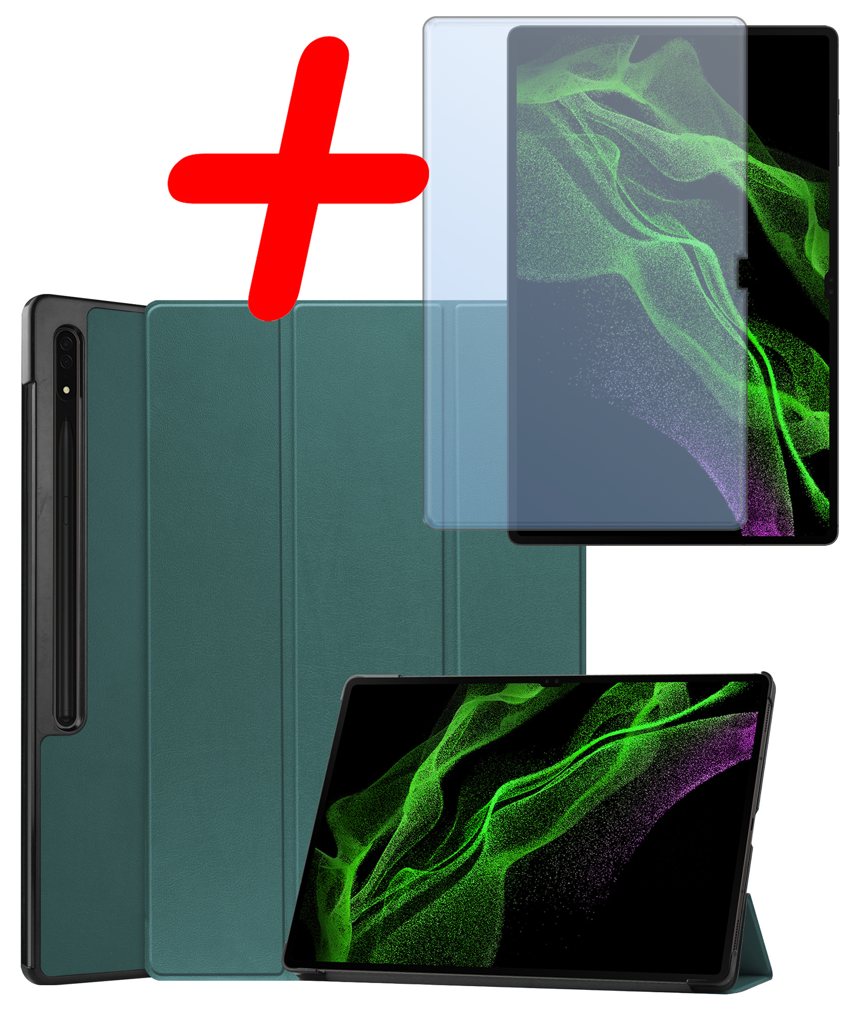BASEY. Samsung Galaxy Tab S9 Ultra Hoes Bookcase Met S Pen Uitsparing Met Screenprotector - Samsung Tab S9 Ultra Hoesje Book Case Cover - 14,6 inch  - Donker Groen