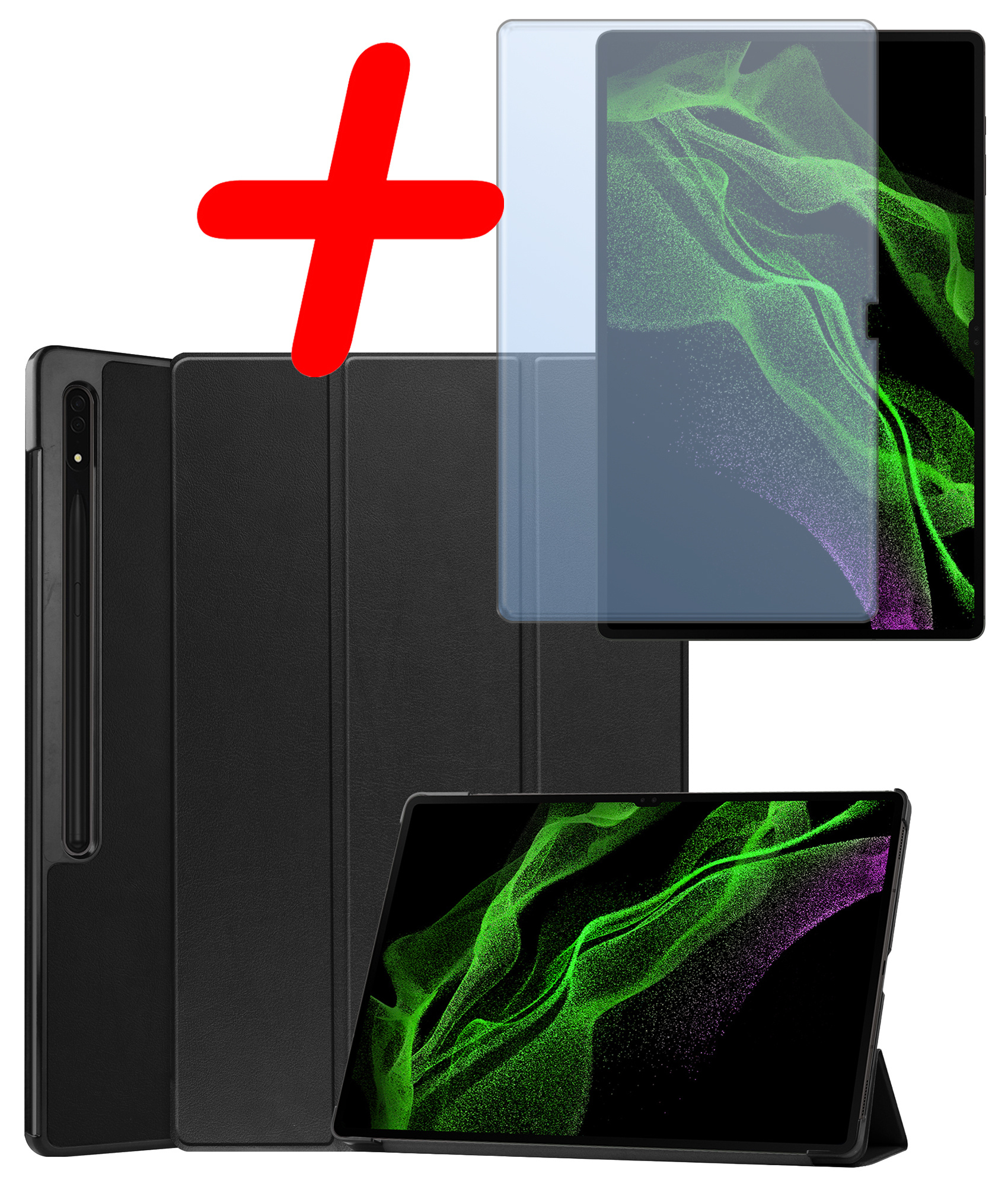 BASEY. Samsung Galaxy Tab S9 Ultra Hoes Bookcase Met S Pen Uitsparing Met Screenprotector - Samsung Tab S9 Ultra Hoesje Book Case Cover - 14,6 inch  - Zwart