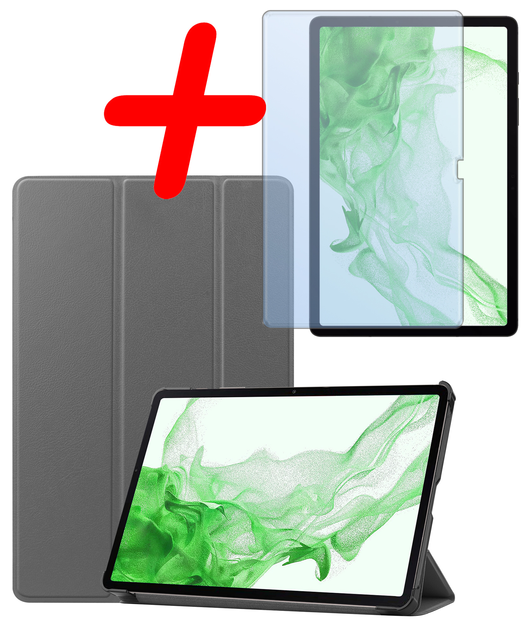 BASEY. Samsung Galaxy Tab S9 Plus Hoes Bookcase Met S Pen Uitsparing Met Screenprotector - Samsung Tab S9 Plus Hoesje Book Case Cover - 12,4 inch  - Grijs