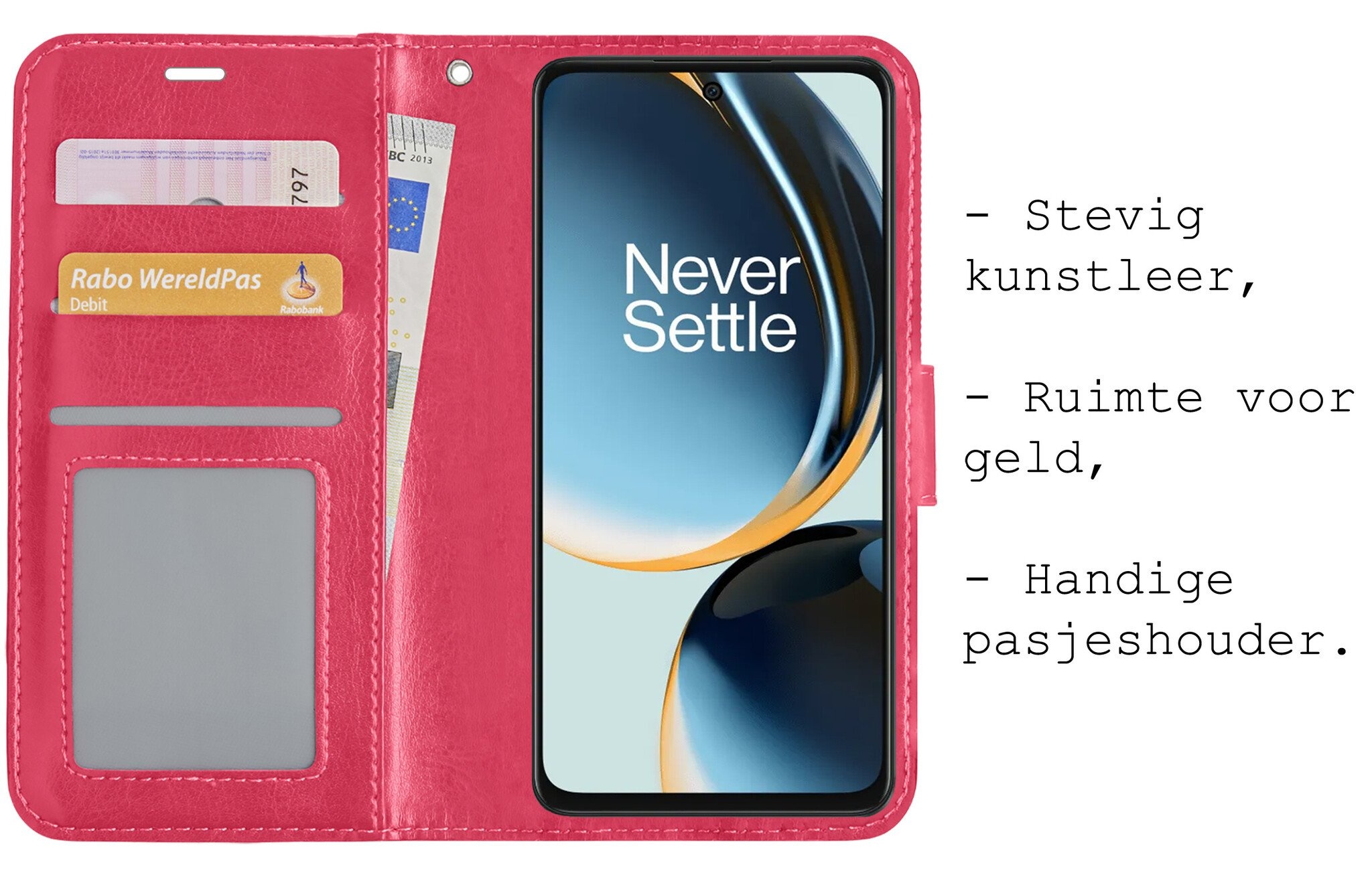 BASEY. Hoes Geschikt voor OnePlus Nord CE 3 Lite Hoesje Bookcase Hoes Flip Case Book Cover Met 2x Screenprotector - Hoesje Geschikt voor OnePlus Nord CE 3 Lite Hoes Book Case Hoesje - Donkerroze