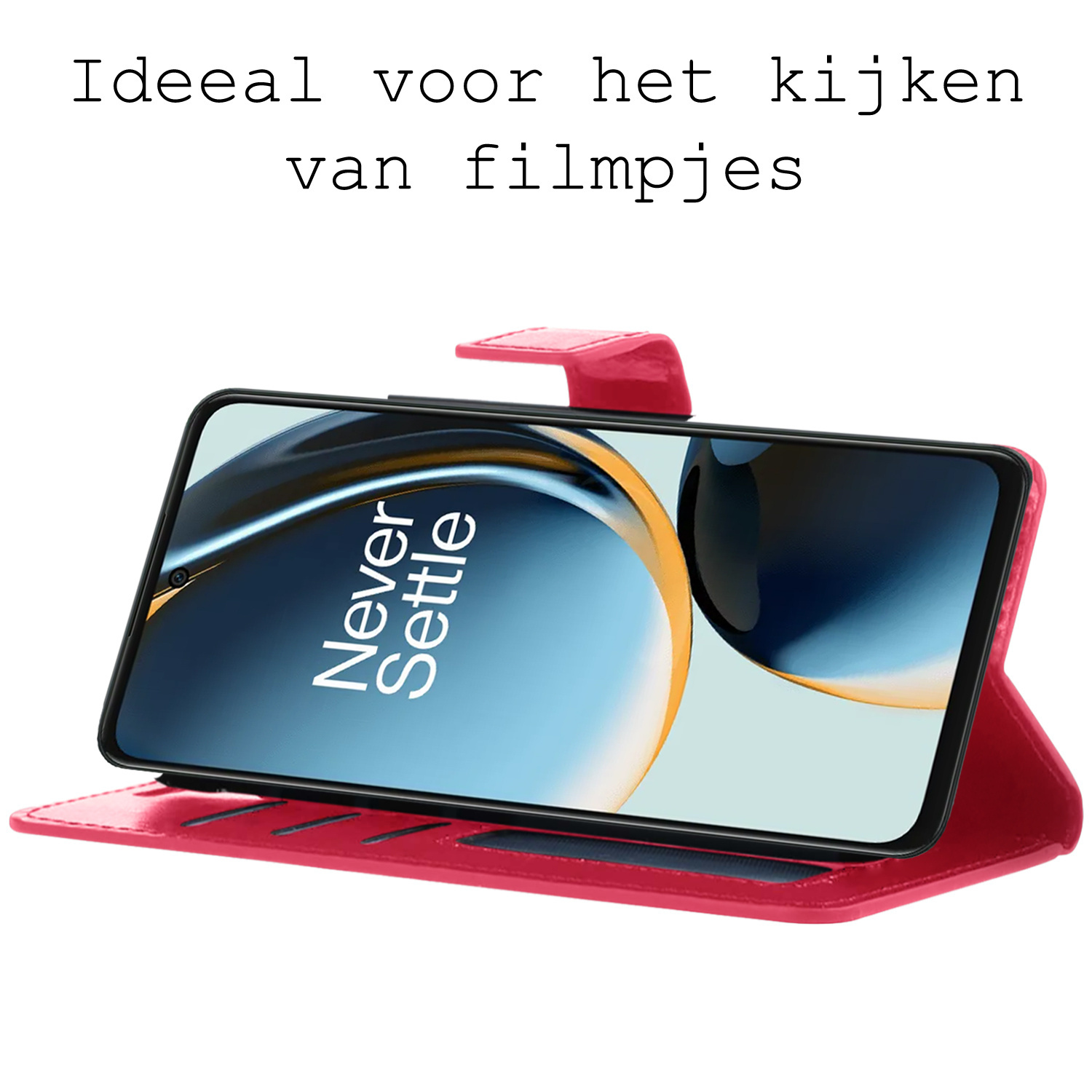 BASEY. Hoes Geschikt voor OnePlus Nord CE 3 Lite Hoesje Bookcase Hoes Flip Case Book Cover Met 2x Screenprotector - Hoesje Geschikt voor OnePlus Nord CE 3 Lite Hoes Book Case Hoesje - Donkerroze