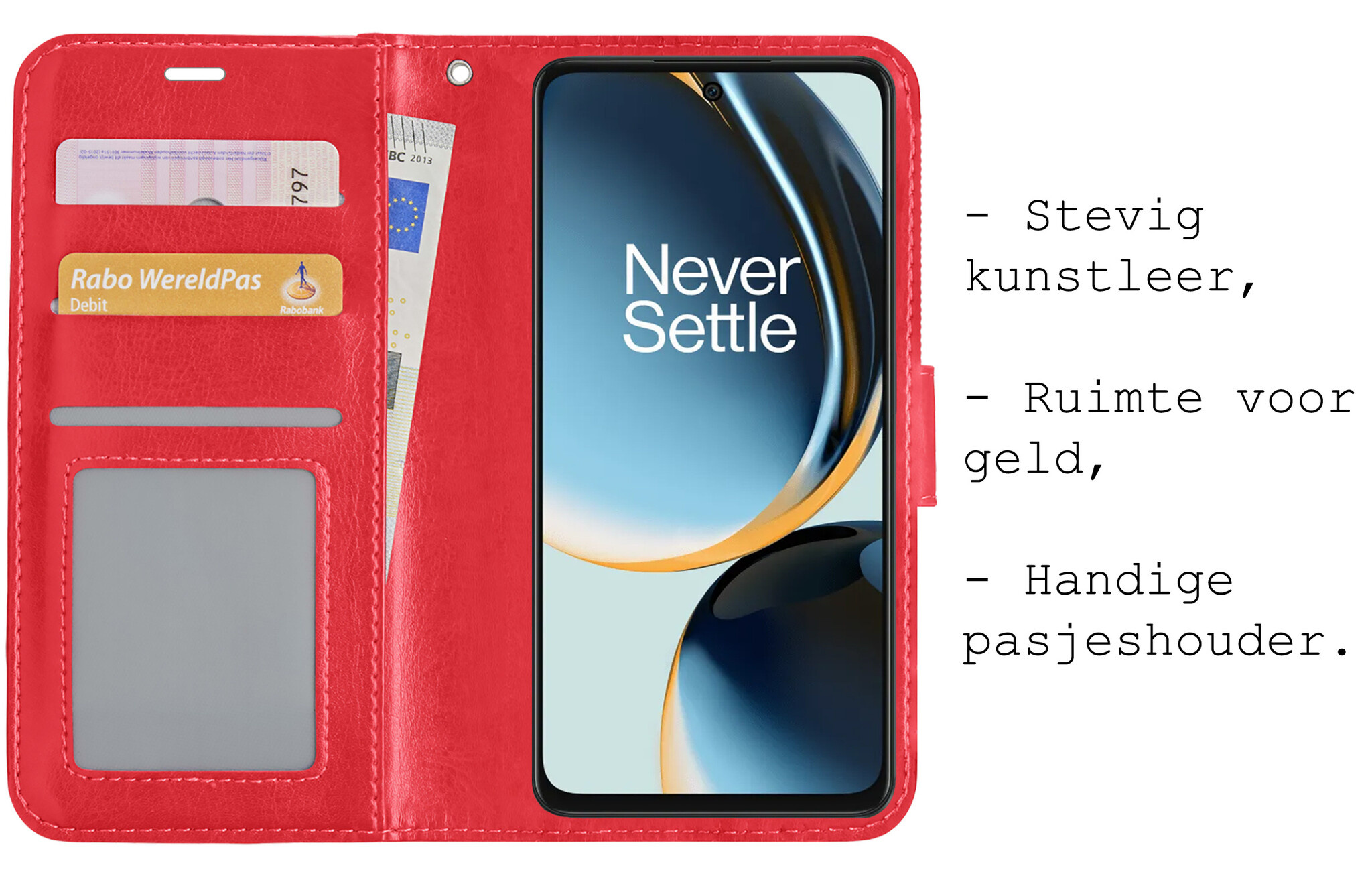 BASEY. Hoes Geschikt voor OnePlus Nord CE 3 Lite Hoesje Bookcase Hoes Flip Case Book Cover Met 2x Screenprotector - Hoesje Geschikt voor OnePlus Nord CE 3 Lite Hoes Book Case Hoesje - Rood