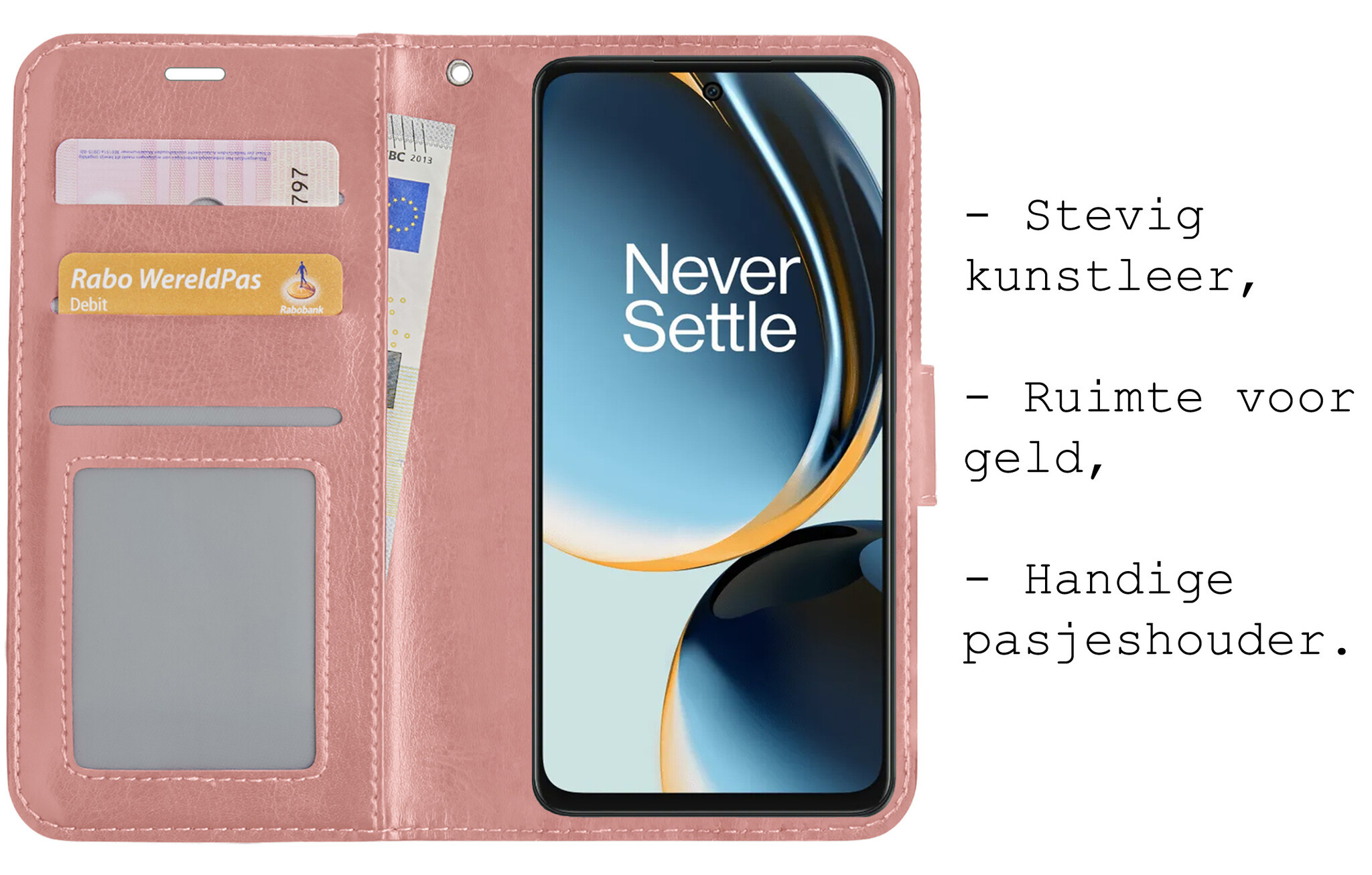 BASEY. Hoes Geschikt voor OnePlus Nord CE 3 Lite Hoesje Bookcase Hoes Flip Case Book Cover Met 2x Screenprotector - Hoesje Geschikt voor OnePlus Nord CE 3 Lite Hoes Book Case Hoesje - Rosé goud
