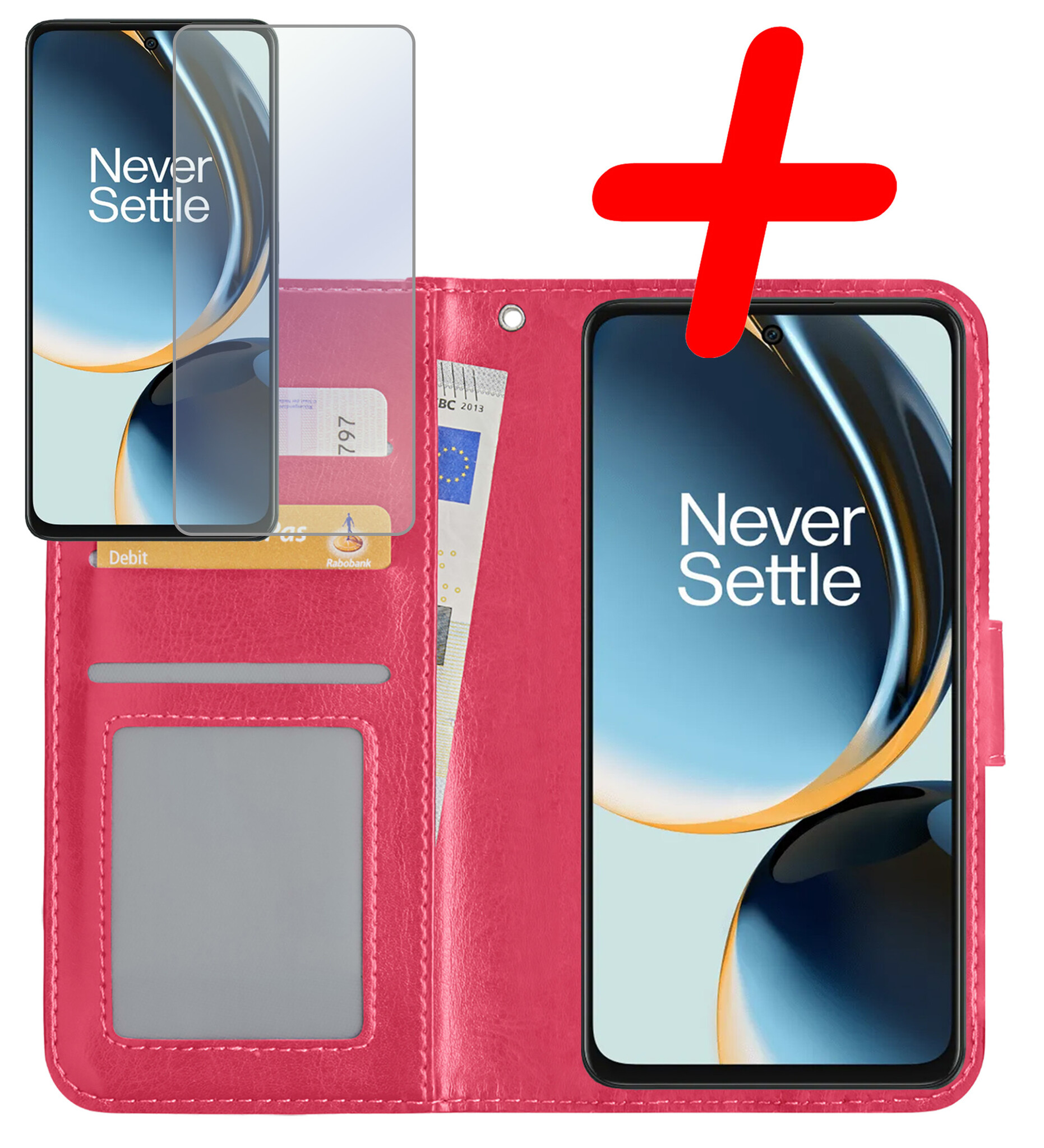 BASEY. Hoes Geschikt voor OnePlus Nord CE 3 Lite Hoesje Bookcase Hoes Flip Case Book Cover Met Screenprotector - Hoesje Geschikt voor OnePlus Nord CE 3 Lite Hoes Book Case Hoesje - Donkerroze