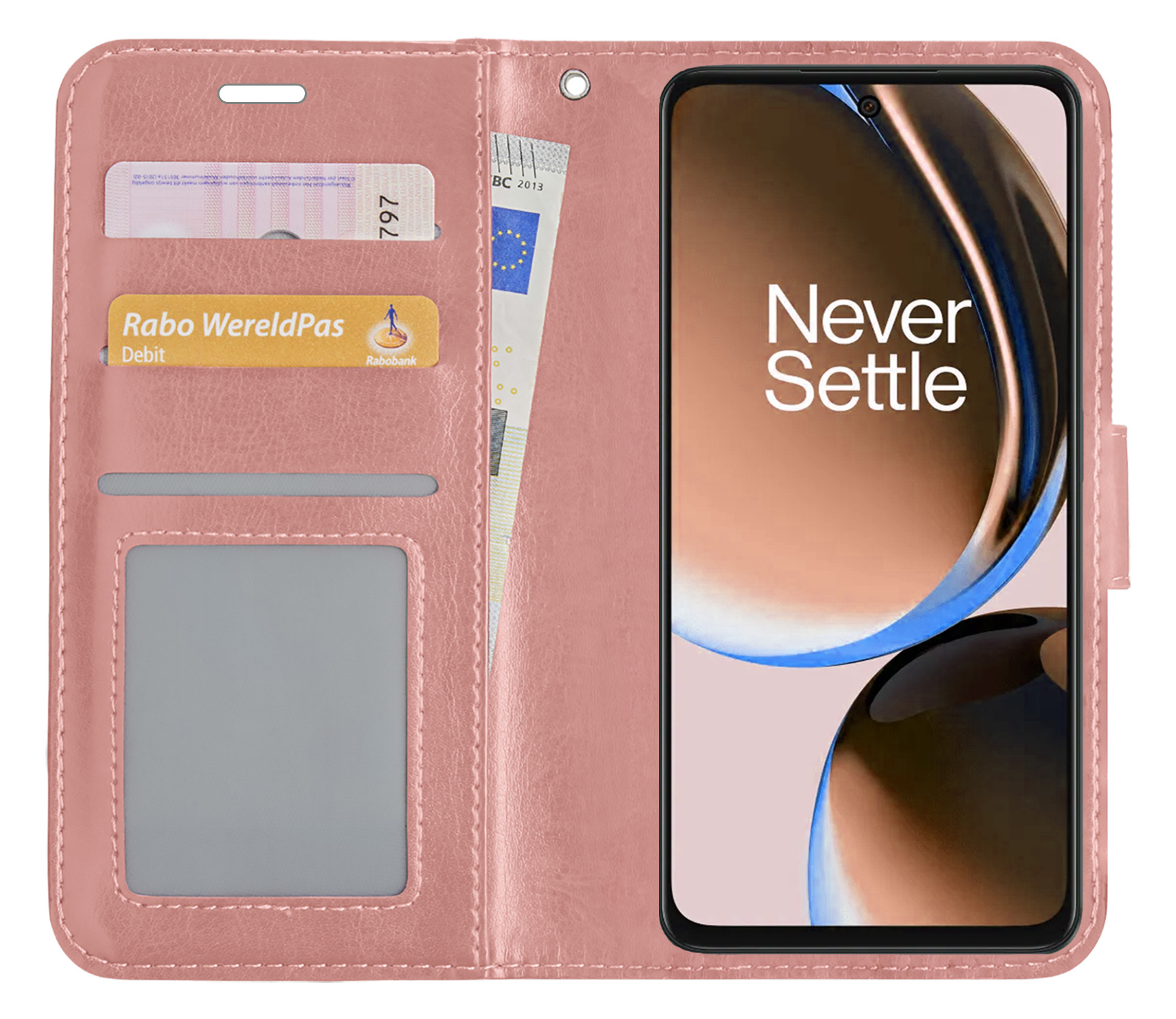 Nomfy Hoesje Geschikt voor OnePlus Nord CE 3 Lite Hoes Bookcase Flipcase Book Cover Met 2x Screenprotector - Hoes Geschikt voor OnePlus Nord CE 3 Lite Hoesje Book Case - Rosé goud