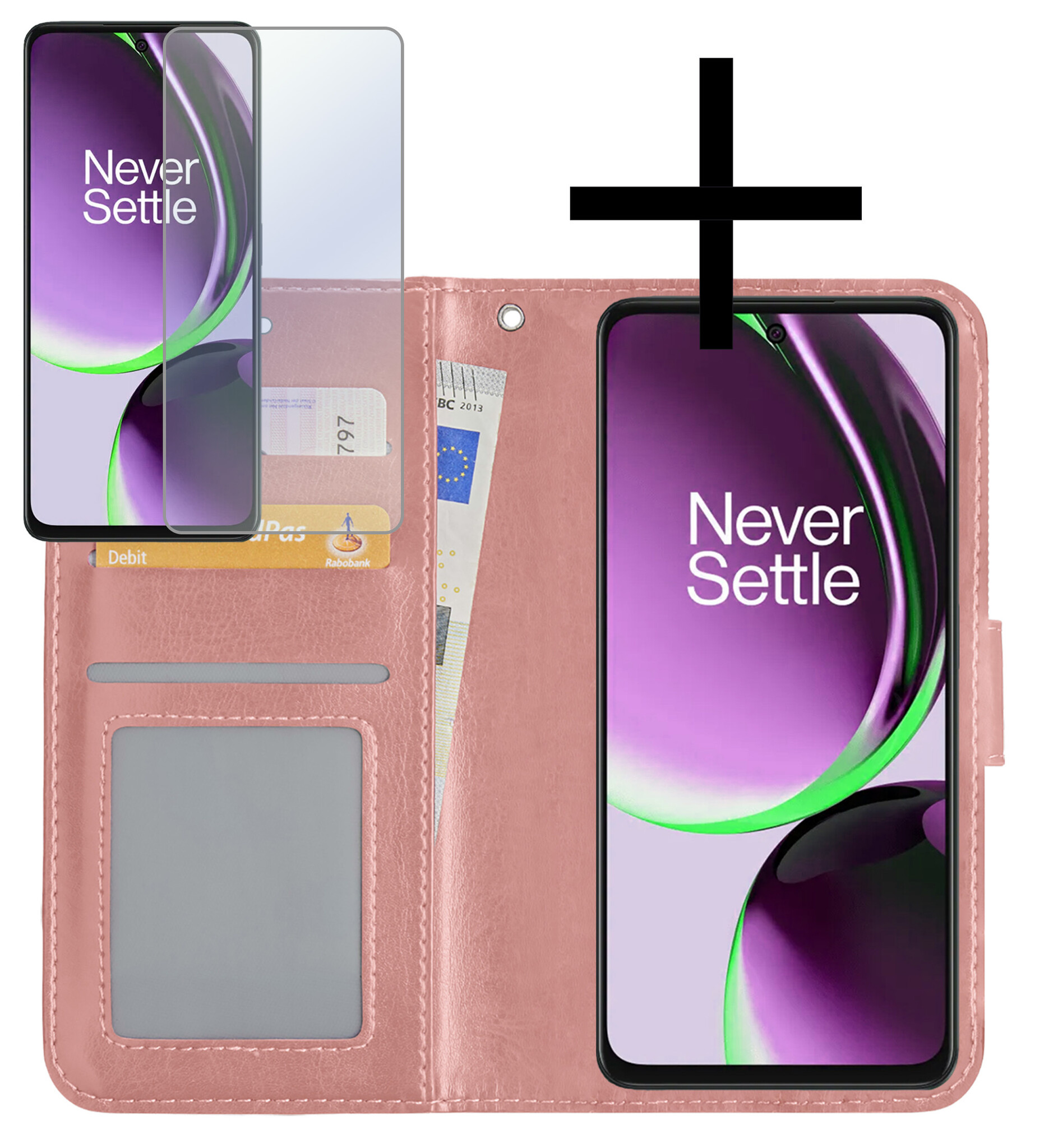 NoXx Hoes Geschikt voor OnePlus Nord CE 3 Lite Hoesje Book Case Hoes Flip Cover Wallet Bookcase Met Screenprotector - Rosé goud