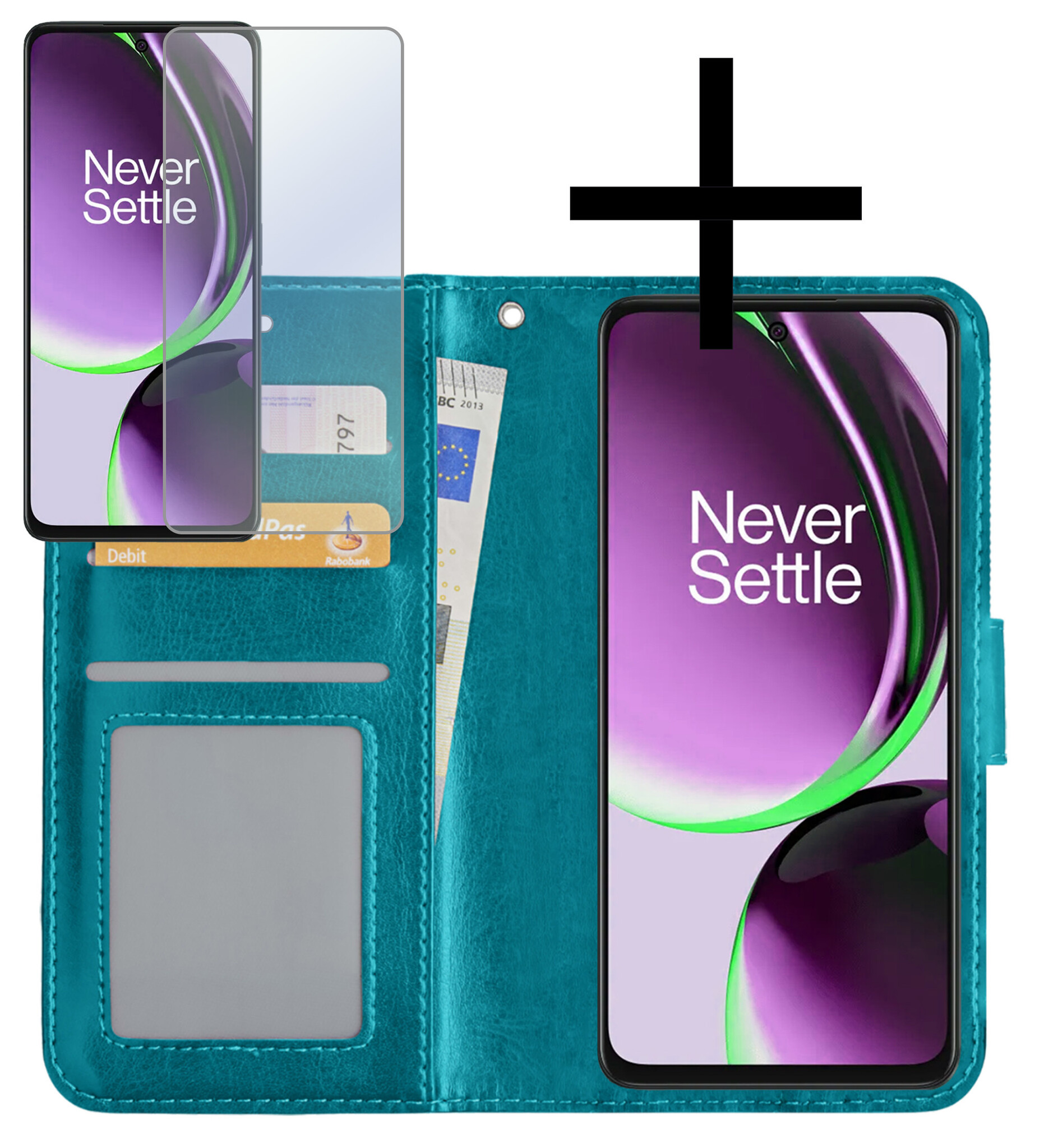 NoXx Hoes Geschikt voor OnePlus Nord CE 3 Lite Hoesje Book Case Hoes Flip Cover Wallet Bookcase Met Screenprotector - Turquoise