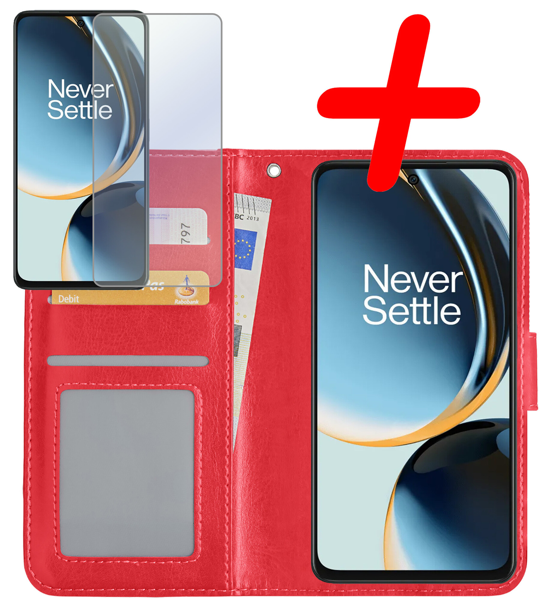 BASEY. Hoes Geschikt voor OnePlus Nord CE 3 Lite Hoesje Bookcase Hoes Flip Case Book Cover Met Screenprotector - Hoesje Geschikt voor OnePlus Nord CE 3 Lite Hoes Book Case Hoesje - Rood