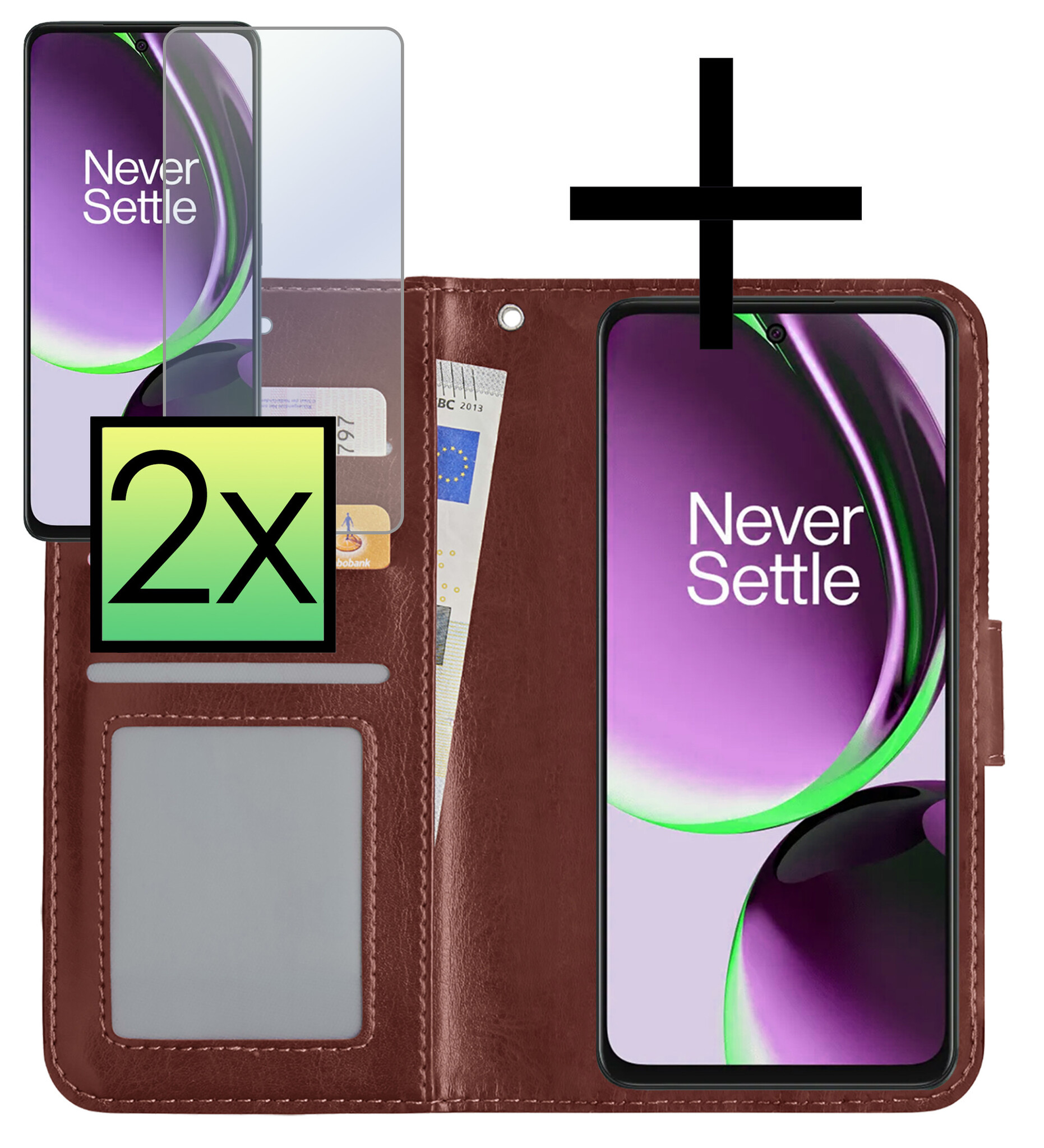 NoXx Hoes Geschikt voor OnePlus Nord CE 3 Lite Hoesje Book Case Hoes Flip Cover Wallet Bookcase Met 2x Screenprotector - Bruin