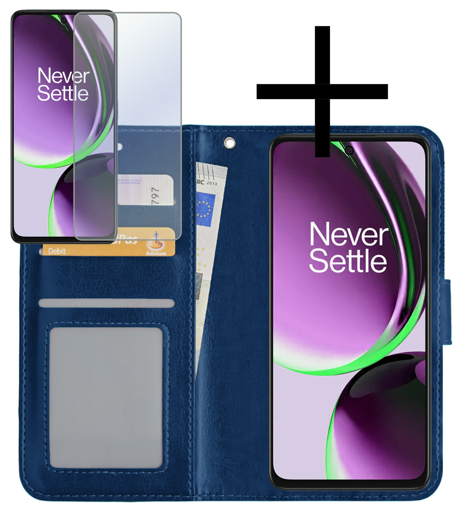 NoXx Hoes Geschikt voor OnePlus Nord CE 3 Lite Hoesje Book Case Hoes Flip Cover Wallet Bookcase Met 2x Screenprotector - Donkerblauw