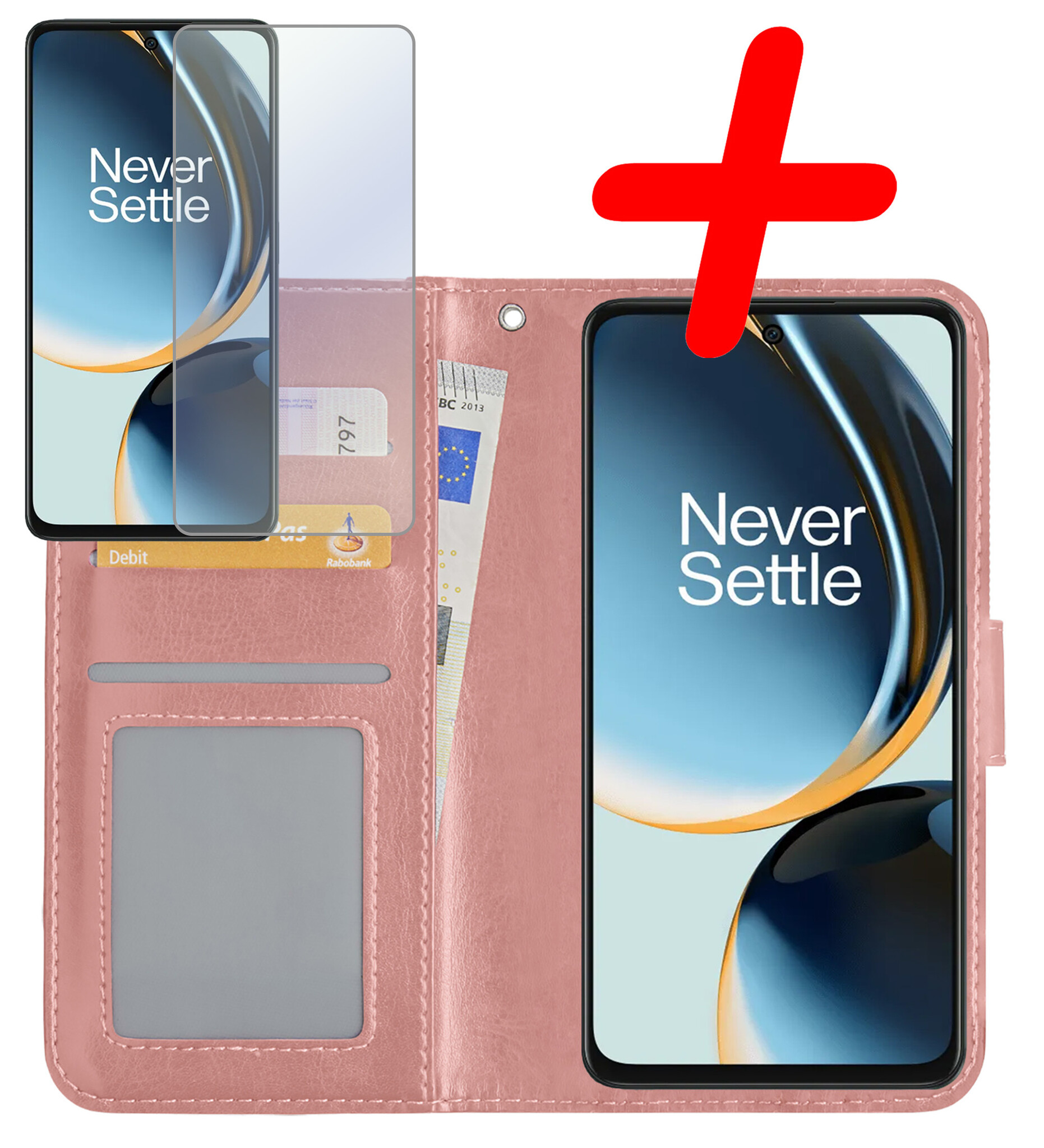 BASEY. Hoes Geschikt voor OnePlus Nord CE 3 Lite Hoesje Bookcase Hoes Flip Case Book Cover Met Screenprotector - Hoesje Geschikt voor OnePlus Nord CE 3 Lite Hoes Book Case Hoesje - Rosé goud