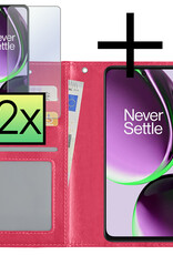 NoXx Hoes Geschikt voor OnePlus Nord CE 3 Lite Hoesje Book Case Hoes Flip Cover Wallet Bookcase Met 2x Screenprotector - Donkerroze