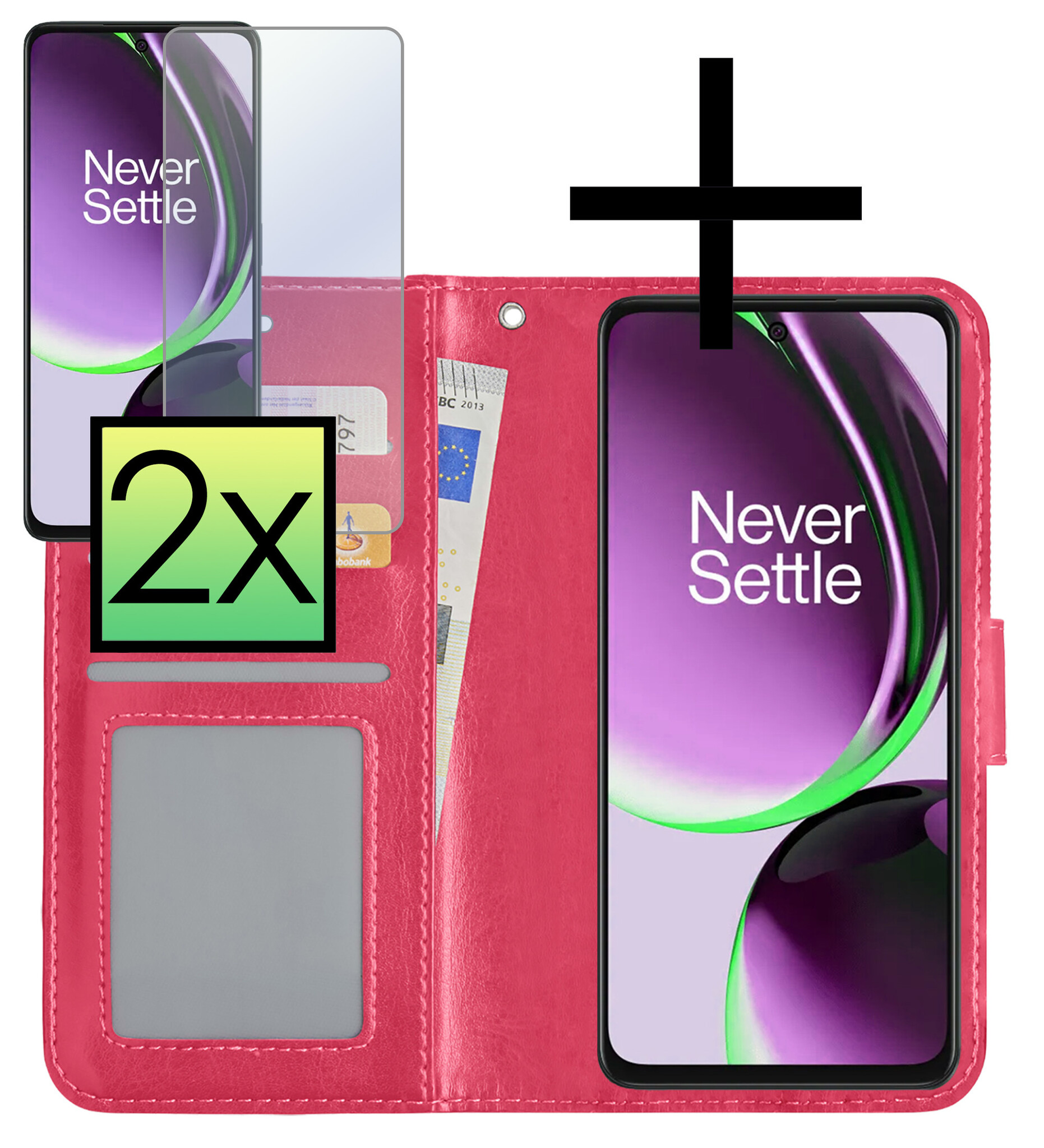 NoXx Hoes Geschikt voor OnePlus Nord CE 3 Lite Hoesje Book Case Hoes Flip Cover Wallet Bookcase Met 2x Screenprotector - Donkerroze