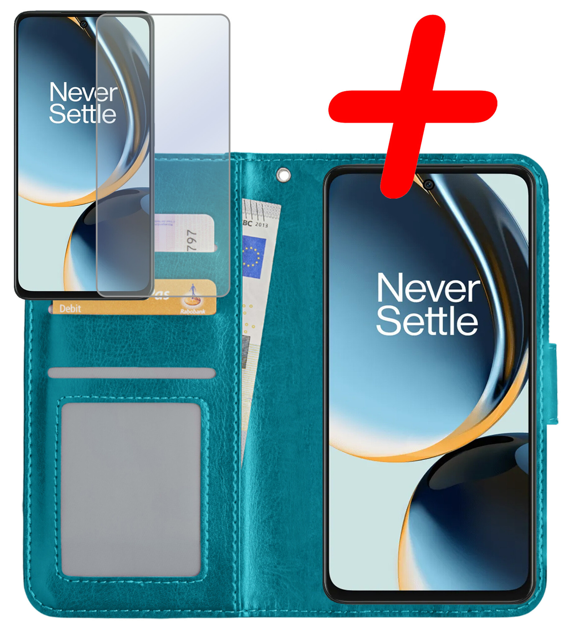 BASEY. Hoes Geschikt voor OnePlus Nord CE 3 Lite Hoesje Bookcase Hoes Flip Case Book Cover Met Screenprotector - Hoesje Geschikt voor OnePlus Nord CE 3 Lite Hoes Book Case Hoesje - Turquoise