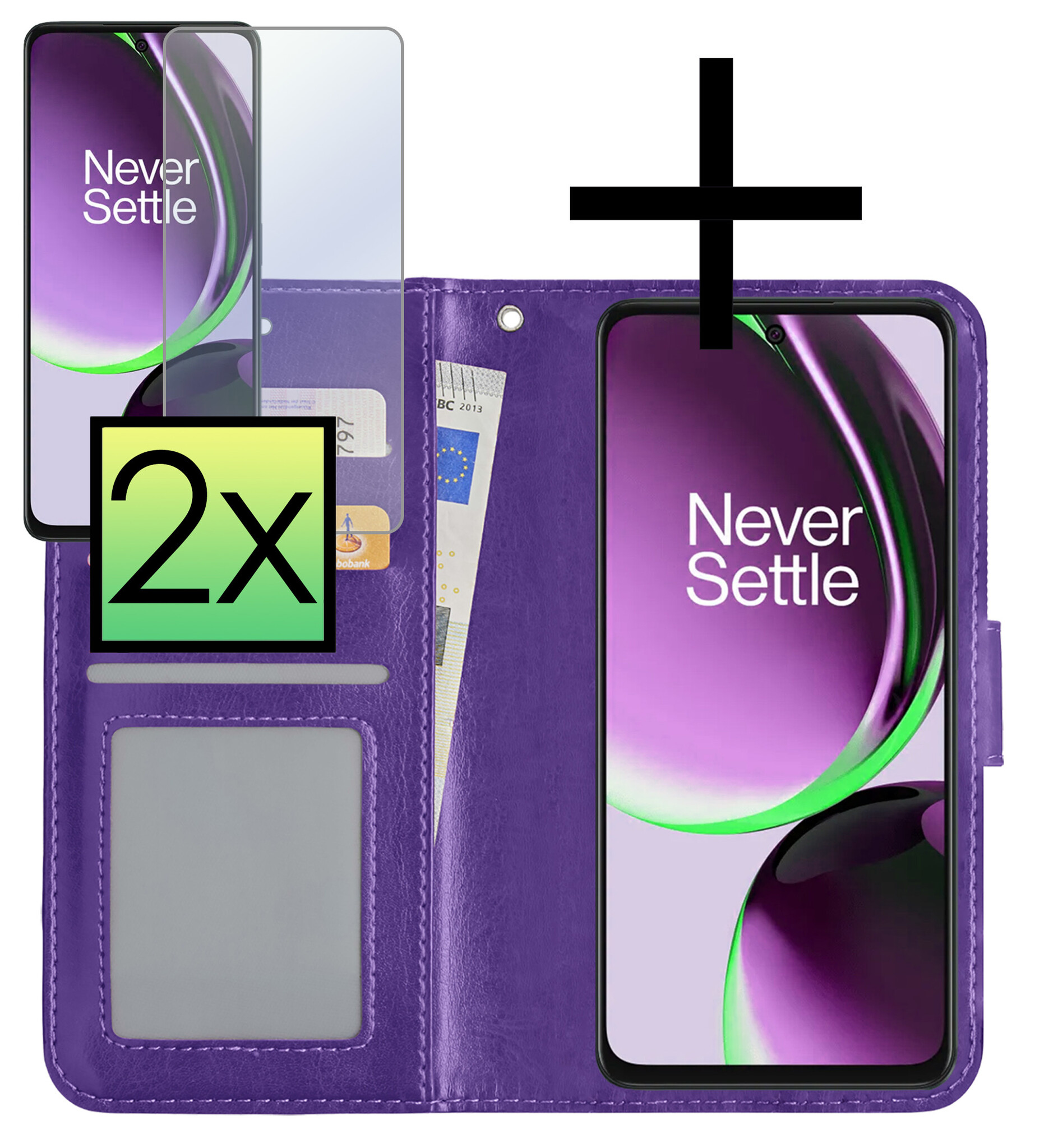 NoXx Hoes Geschikt voor OnePlus Nord CE 3 Lite Hoesje Book Case Hoes Flip Cover Wallet Bookcase Met 2x Screenprotector - Paars