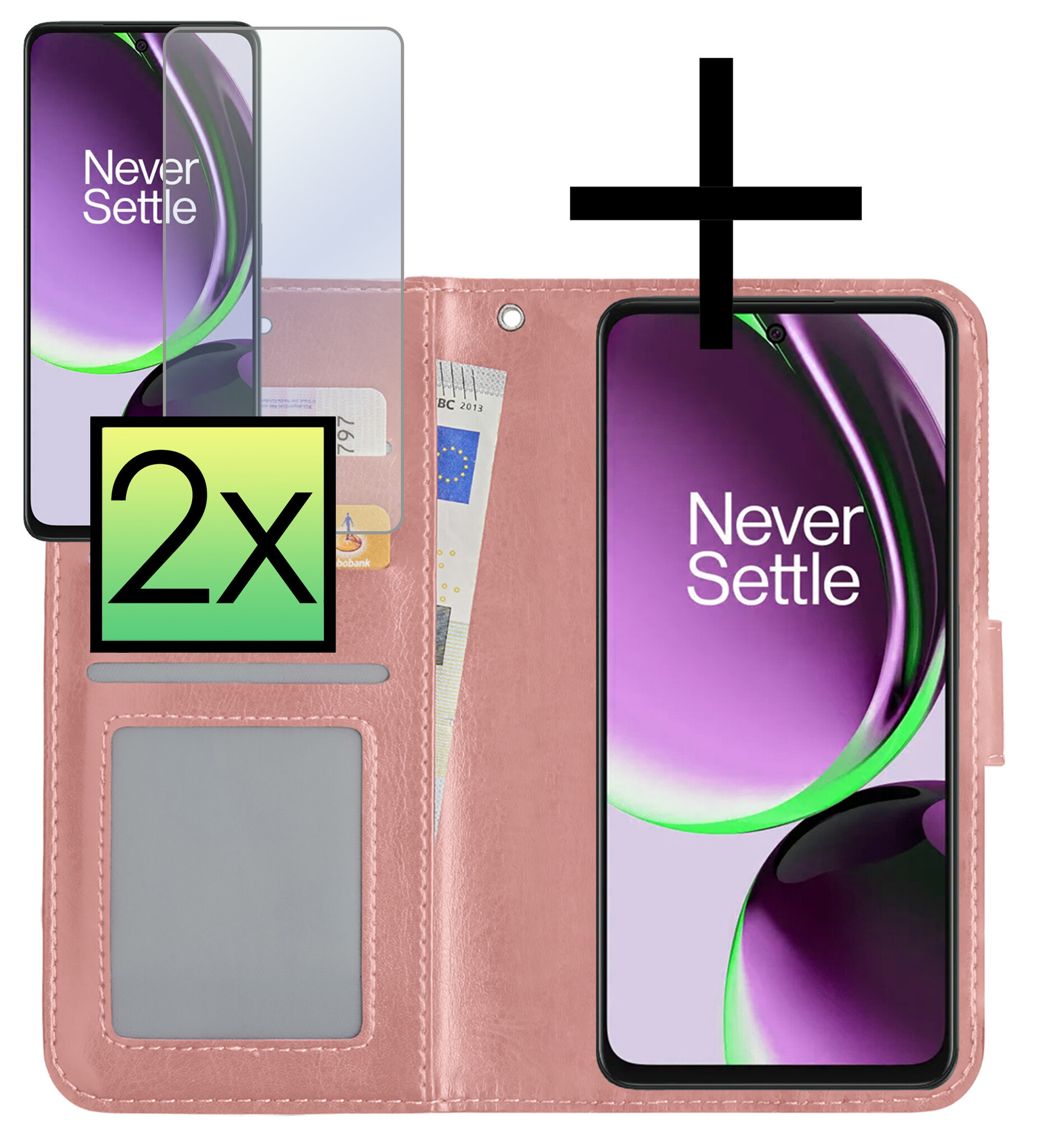 NoXx Hoes Geschikt voor OnePlus Nord CE 3 Lite Hoesje Book Case Hoes Flip Cover Wallet Bookcase Met 2x Screenprotector - Rosé goud