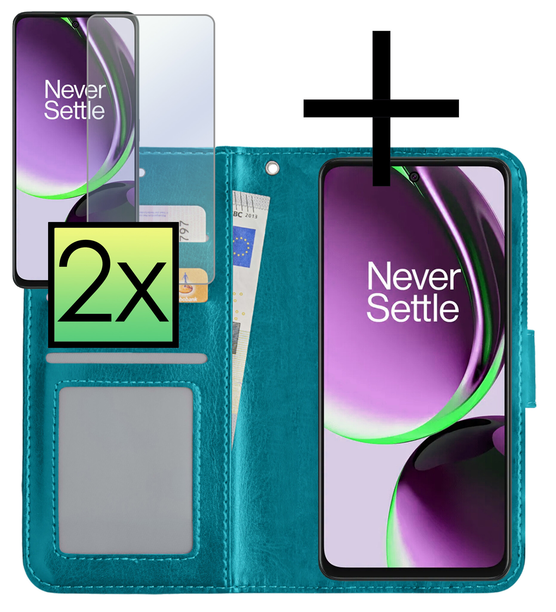 NoXx Hoes Geschikt voor OnePlus Nord CE 3 Lite Hoesje Book Case Hoes Flip Cover Wallet Bookcase Met 2x Screenprotector - Turquoise