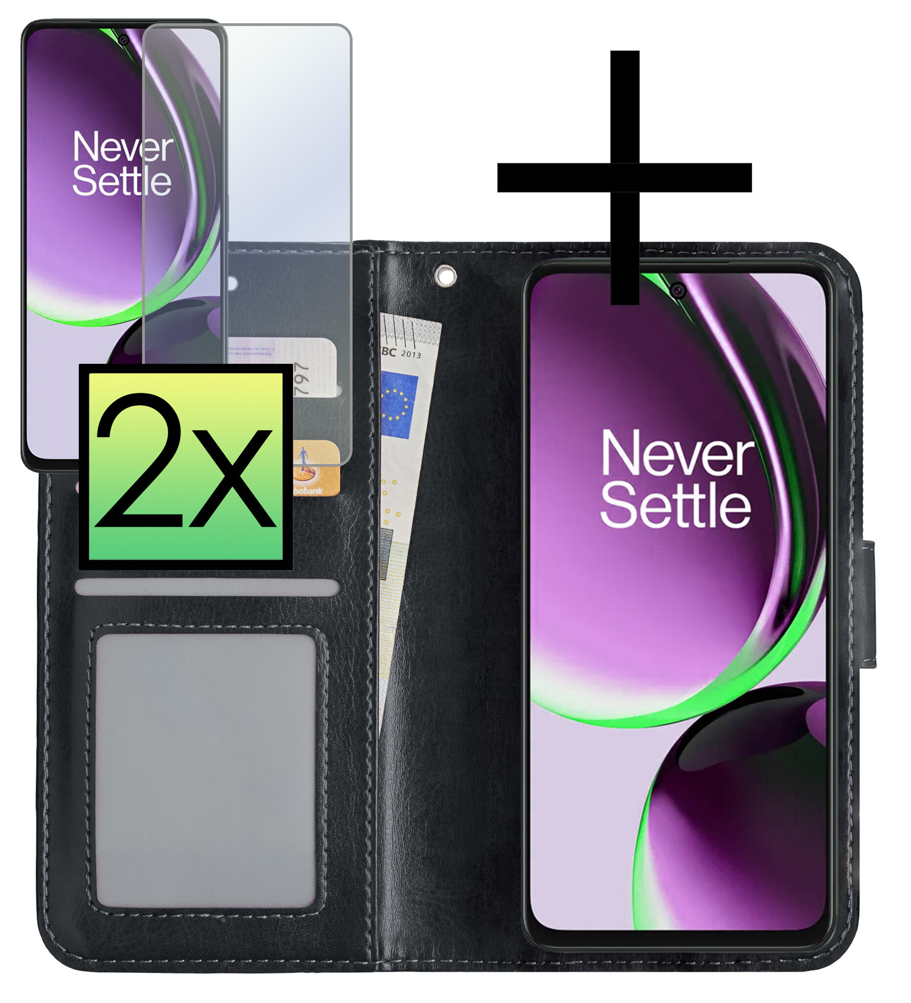NoXx Hoes Geschikt voor OnePlus Nord CE 3 Lite Hoesje Book Case Hoes Flip Cover Wallet Bookcase Met 2x Screenprotector - Zwart