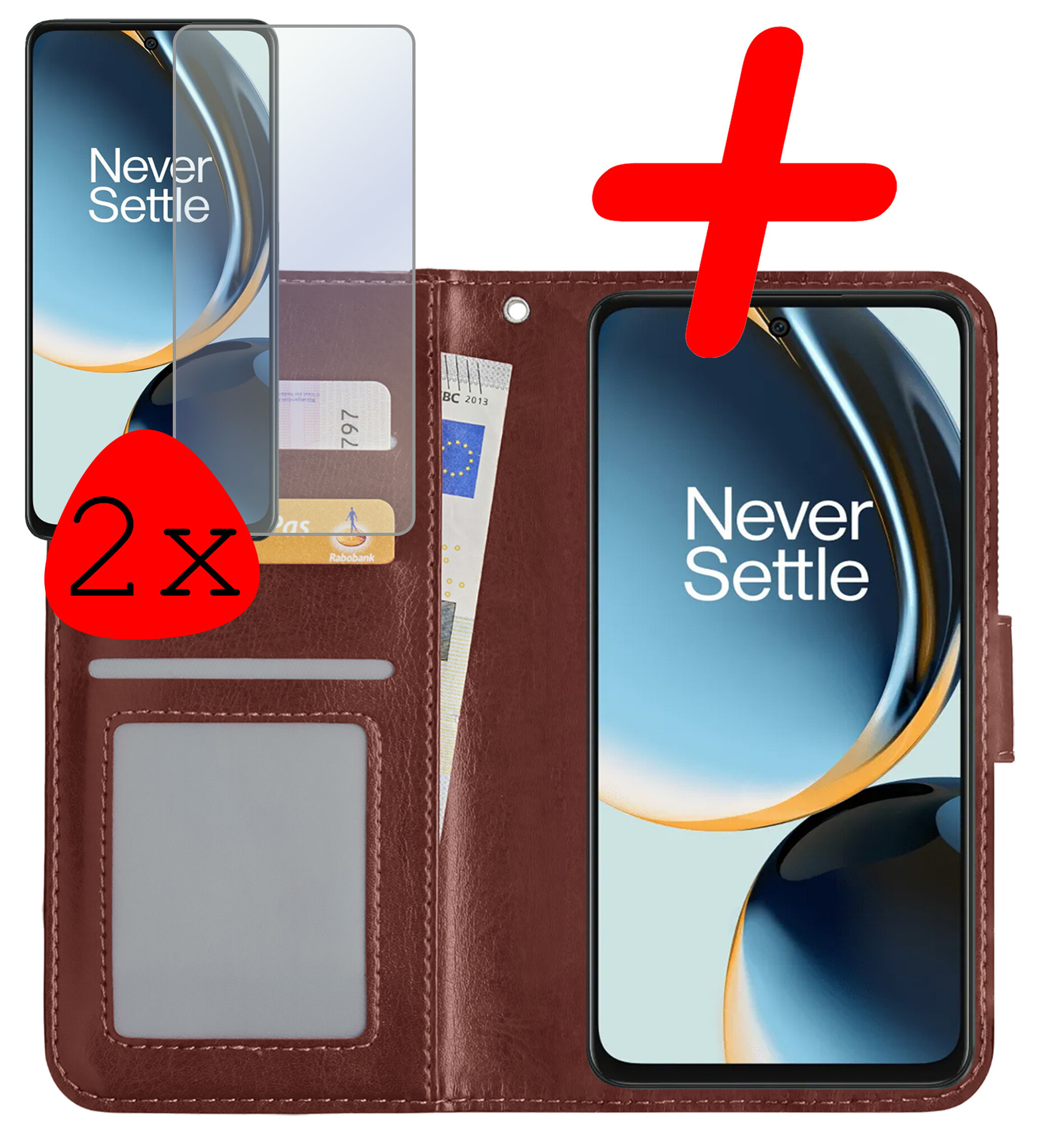 BASEY. Hoes Geschikt voor OnePlus Nord CE 3 Lite Hoesje Bookcase Hoes Flip Case Book Cover Met 2x Screenprotector - Hoesje Geschikt voor OnePlus Nord CE 3 Lite Hoes Book Case Hoesje - Bruin