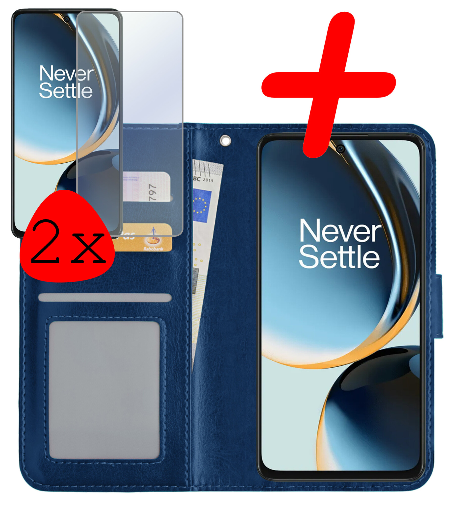BASEY. Hoes Geschikt voor OnePlus Nord CE 3 Lite Hoesje Bookcase Hoes Flip Case Book Cover Met 2x Screenprotector - Hoesje Geschikt voor OnePlus Nord CE 3 Lite Hoes Book Case Hoesje - Donkerblauw
