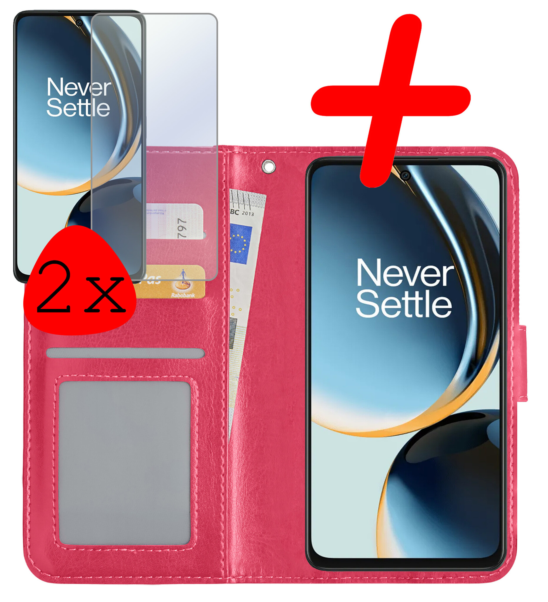 BASEY. Hoes Geschikt voor OnePlus Nord CE 3 Lite Hoesje Bookcase Hoes Flip Case Book Cover Met 2x Screenprotector - Hoesje Geschikt voor OnePlus Nord CE 3 Lite Hoes Book Case Hoesje - Donkerroze