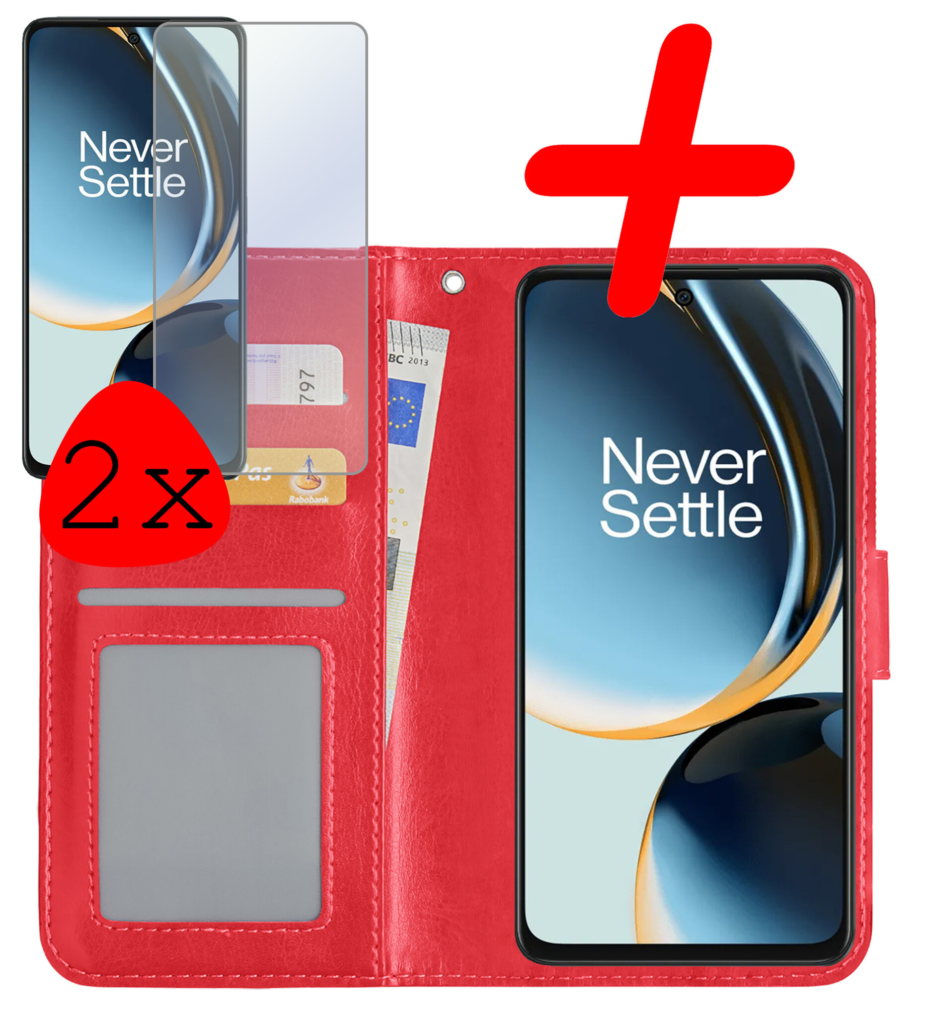 BASEY. Hoes Geschikt voor OnePlus Nord CE 3 Lite Hoesje Bookcase Hoes Flip Case Book Cover Met 2x Screenprotector - Hoesje Geschikt voor OnePlus Nord CE 3 Lite Hoes Book Case Hoesje - Rood