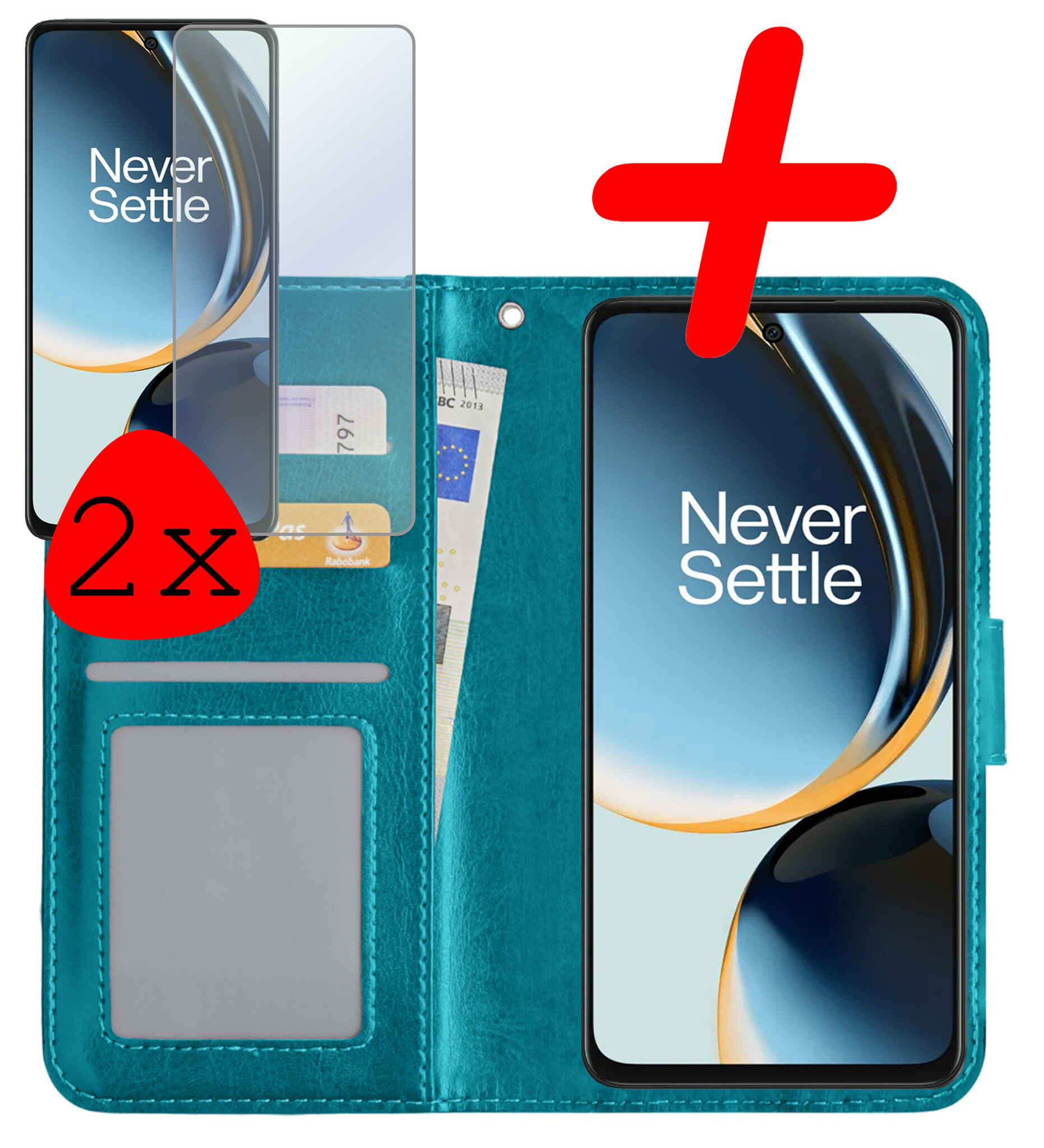 BASEY. Hoes Geschikt voor OnePlus Nord CE 3 Lite Hoesje Bookcase Hoes Flip Case Book Cover Met 2x Screenprotector - Hoesje Geschikt voor OnePlus Nord CE 3 Lite Hoes Book Case Hoesje - Turquoise