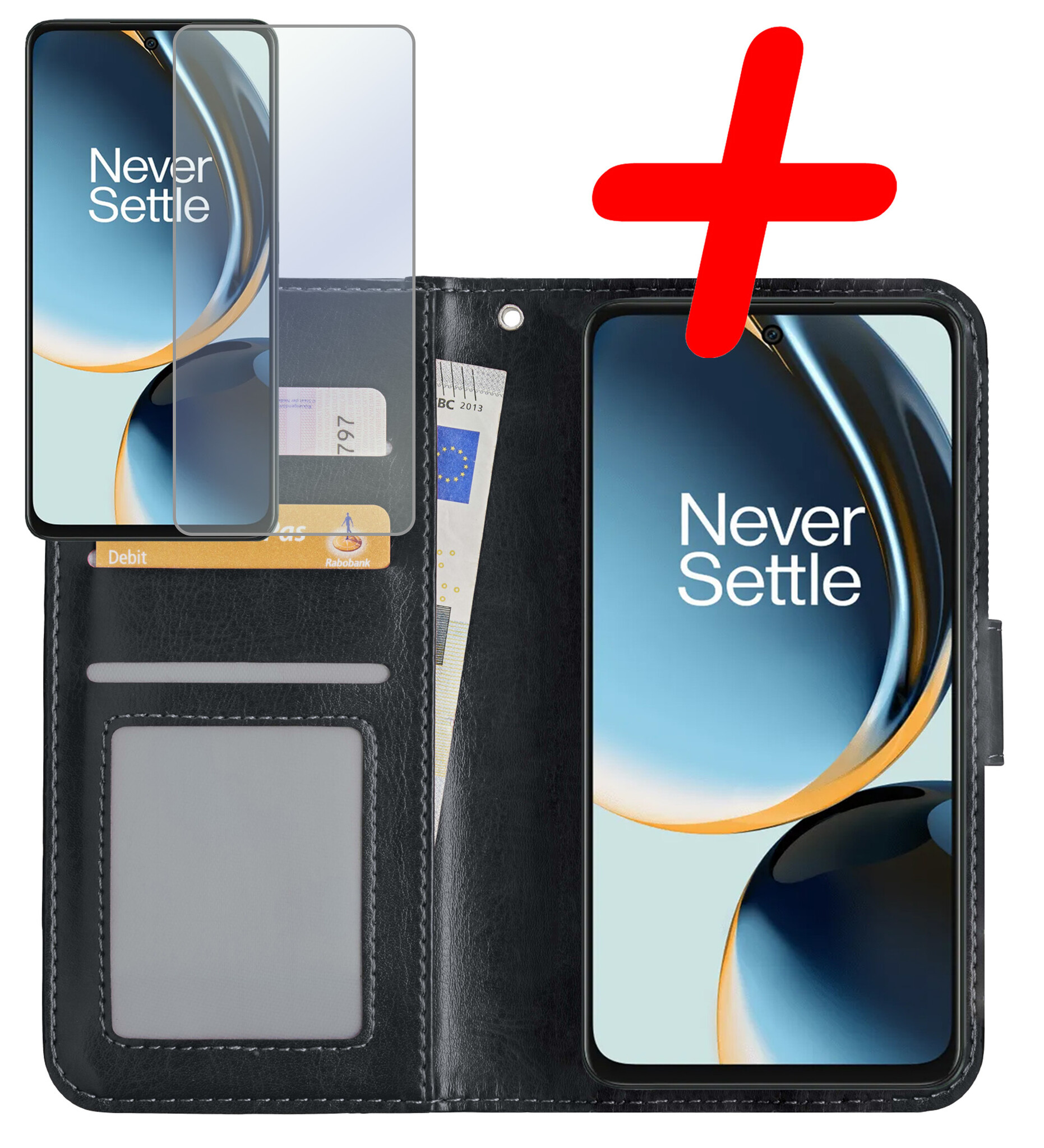 BASEY. Hoes Geschikt voor OnePlus Nord CE 3 Lite Hoesje Bookcase Hoes Flip Case Book Cover Met 2x Screenprotector - Hoesje Geschikt voor OnePlus Nord CE 3 Lite Hoes Book Case Hoesje - Zwart