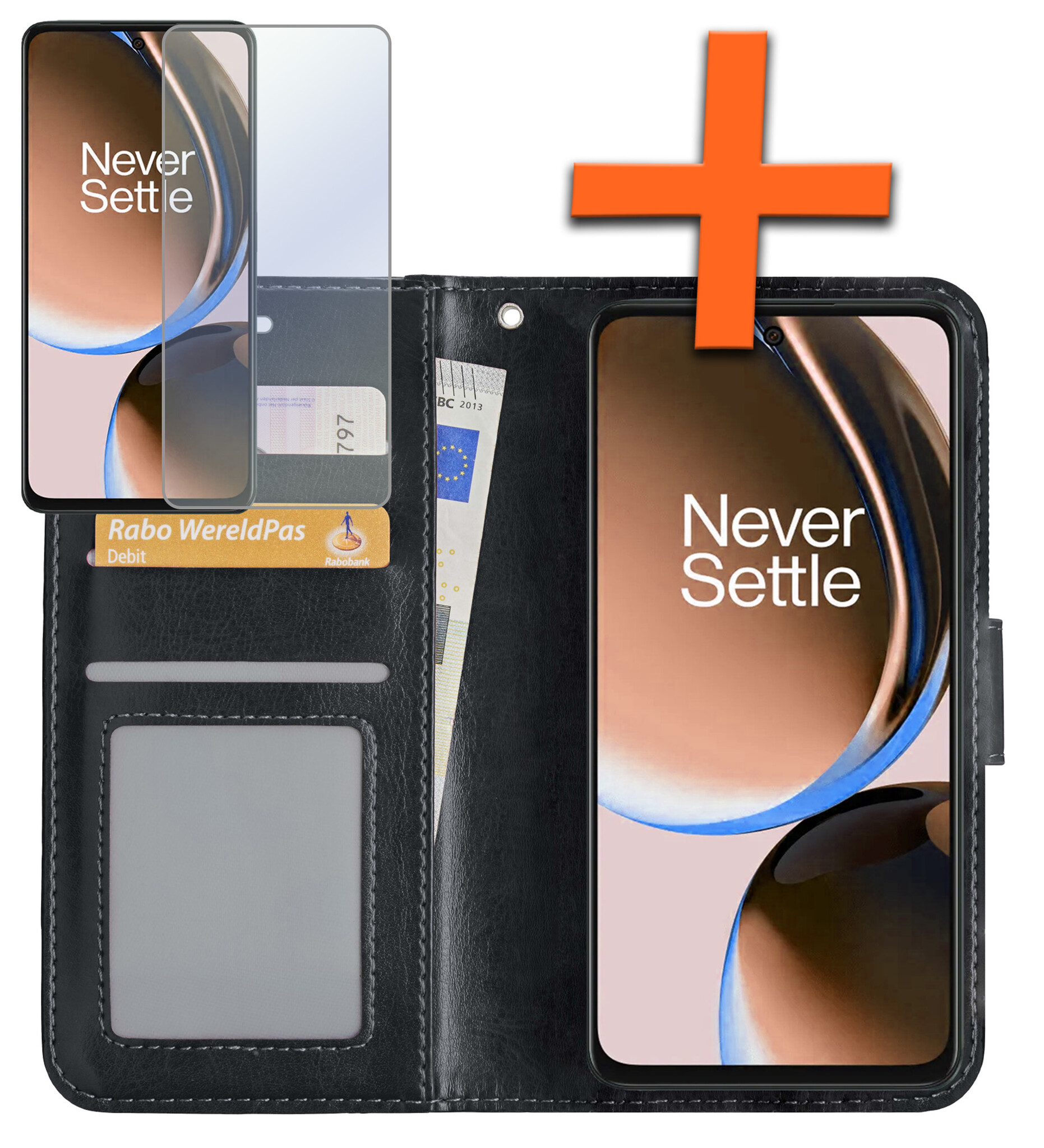 Nomfy Hoesje Geschikt voor OnePlus Nord CE 3 Lite Hoes Bookcase Flipcase Book Cover Met Screenprotector - Hoes Geschikt voor OnePlus Nord CE 3 Lite Hoesje Book Case - Zwart