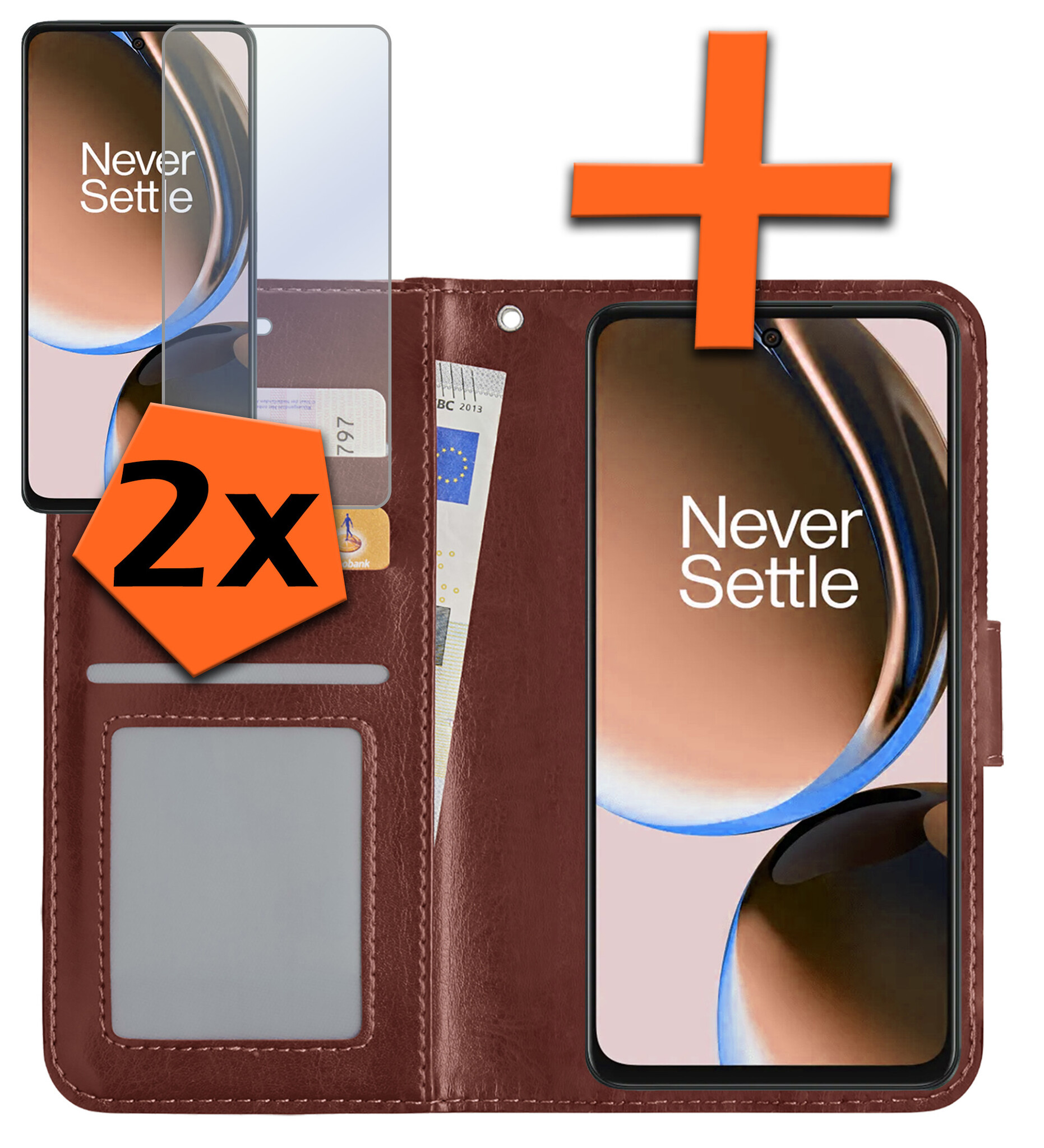 Nomfy Hoesje Geschikt voor OnePlus Nord CE 3 Lite Hoes Bookcase Flipcase Book Cover Met 2x Screenprotector - Hoes Geschikt voor OnePlus Nord CE 3 Lite Hoesje Book Case - Bruin
