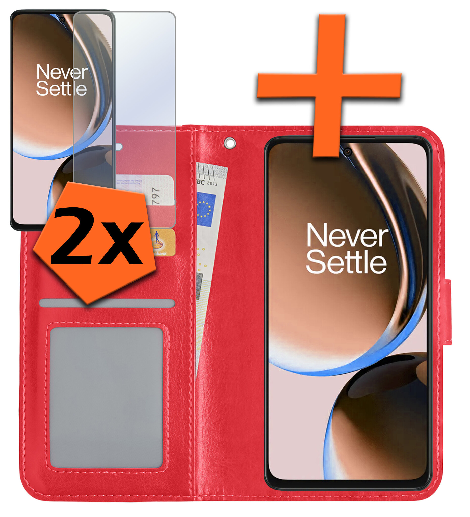 Nomfy Hoesje Geschikt voor OnePlus Nord CE 3 Lite Hoes Bookcase Flipcase Book Cover Met 2x Screenprotector - Hoes Geschikt voor OnePlus Nord CE 3 Lite Hoesje Book Case - Rood