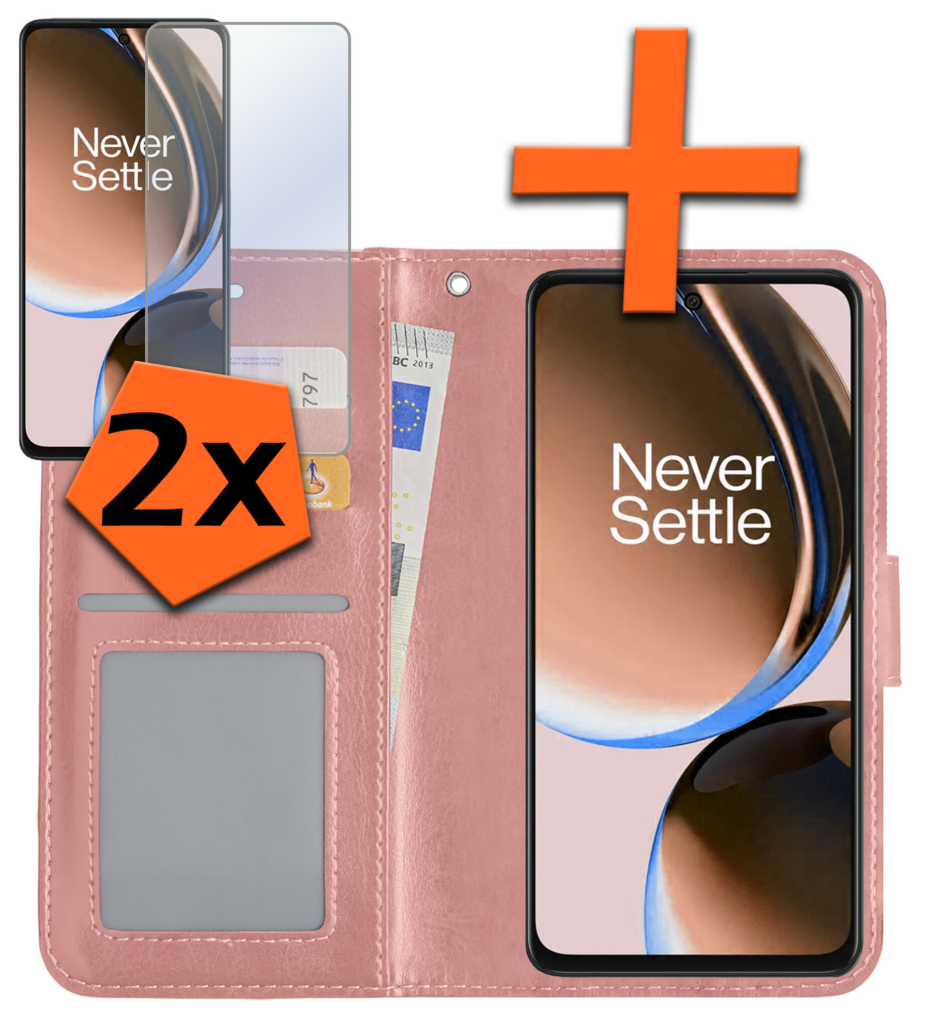Nomfy Hoesje Geschikt voor OnePlus Nord CE 3 Lite Hoes Bookcase Flipcase Book Cover Met 2x Screenprotector - Hoes Geschikt voor OnePlus Nord CE 3 Lite Hoesje Book Case - Rosé goud