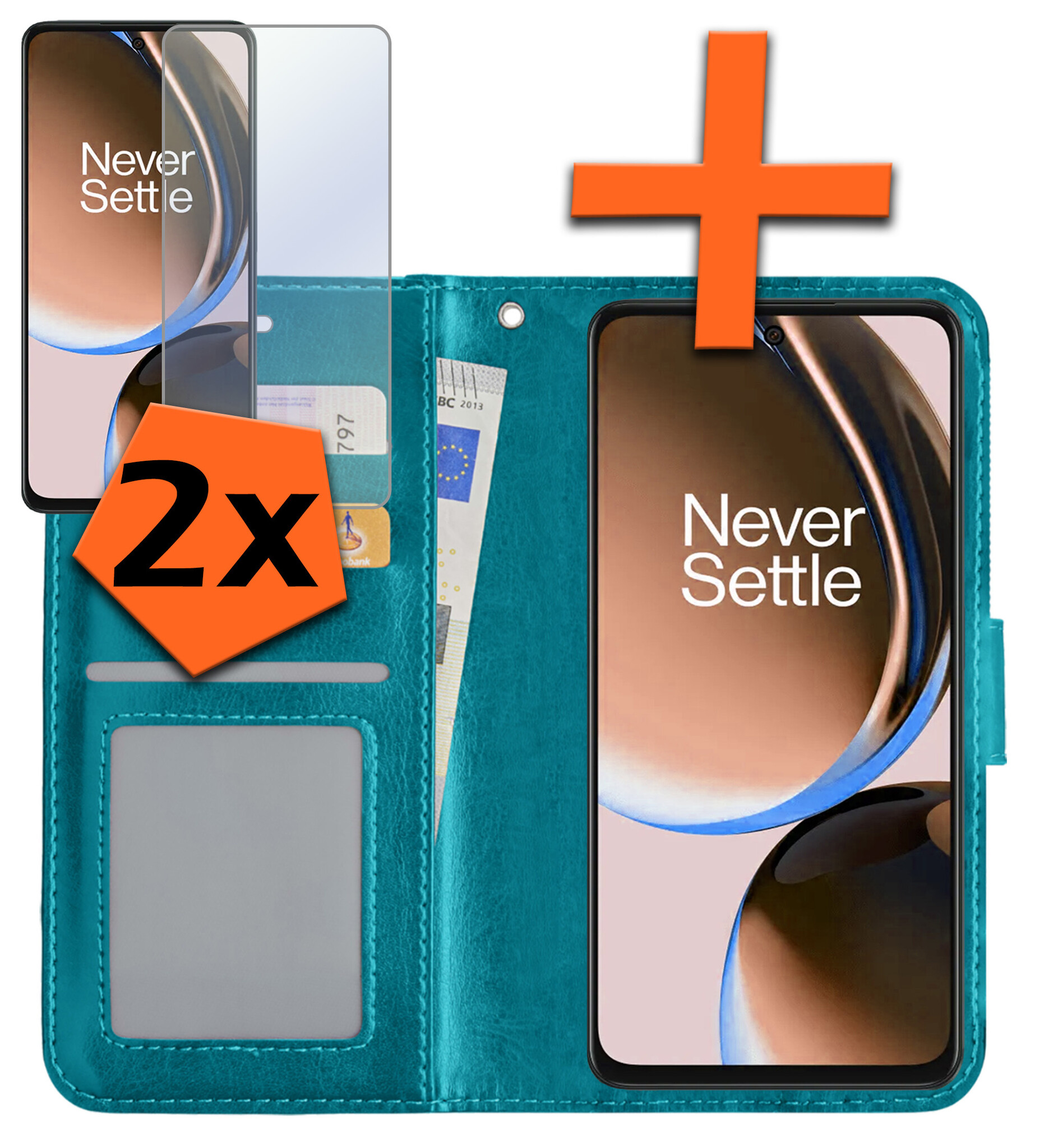 Nomfy Hoesje Geschikt voor OnePlus Nord CE 3 Lite Hoes Bookcase Flipcase Book Cover Met 2x Screenprotector - Hoes Geschikt voor OnePlus Nord CE 3 Lite Hoesje Book Case - Turquoise