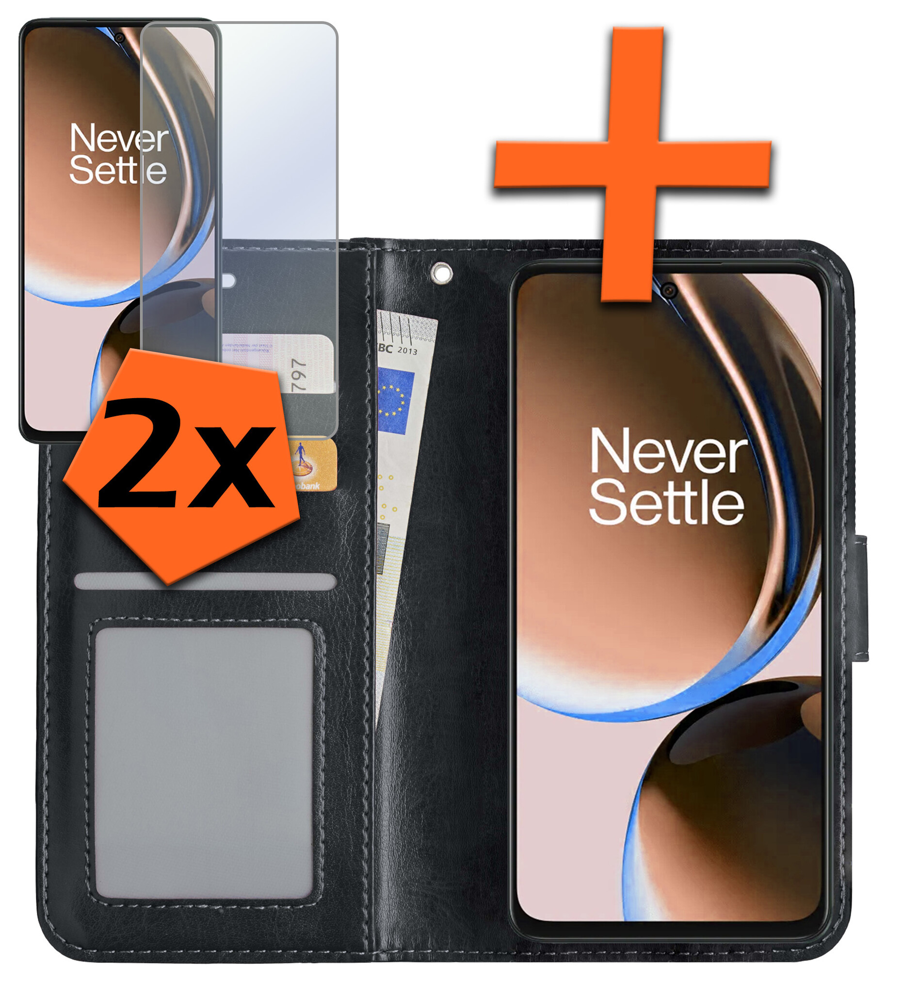 Nomfy Hoesje Geschikt voor OnePlus Nord CE 3 Lite Hoes Bookcase Flipcase Book Cover Met 2x Screenprotector - Hoes Geschikt voor OnePlus Nord CE 3 Lite Hoesje Book Case - Zwart