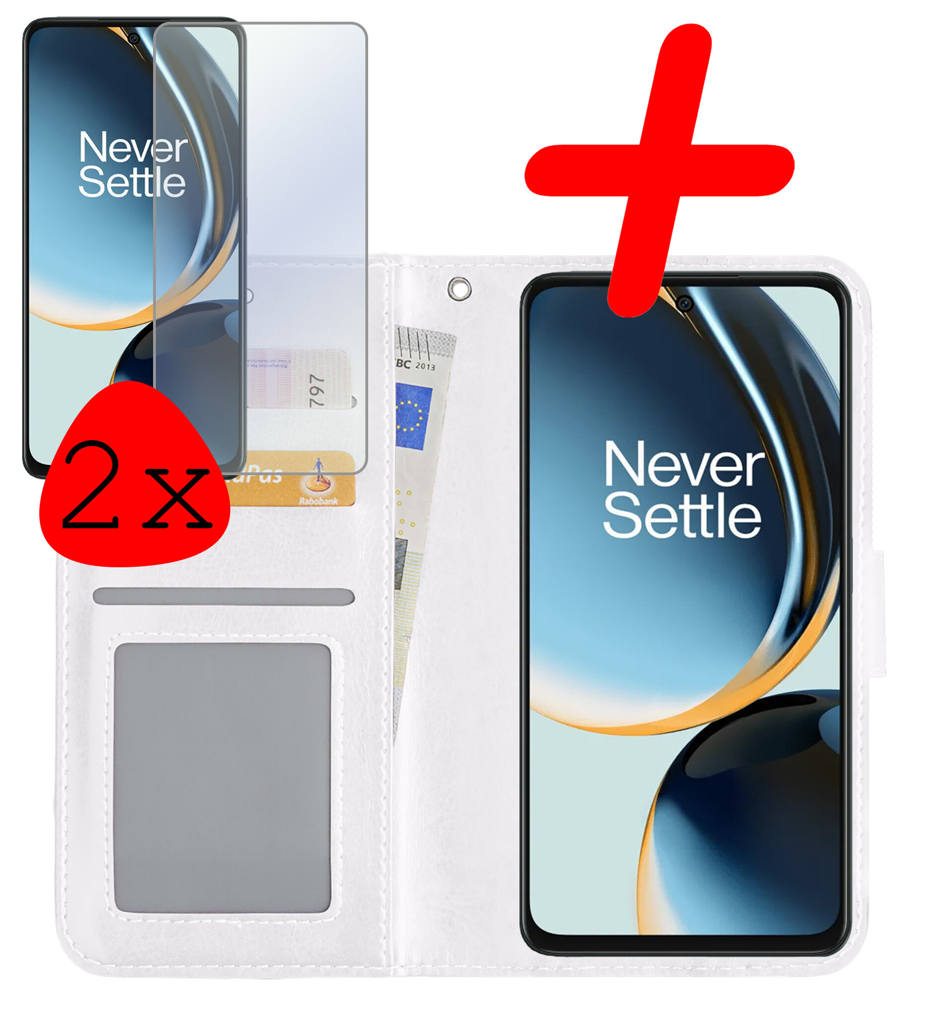 BASEY. Hoes Geschikt voor OnePlus Nord CE 3 Lite Hoesje Bookcase Hoes Flip Case Book Cover Met 2x Screenprotector - Hoesje Geschikt voor OnePlus Nord CE 3 Lite Hoes Book Case Hoesje - Wit