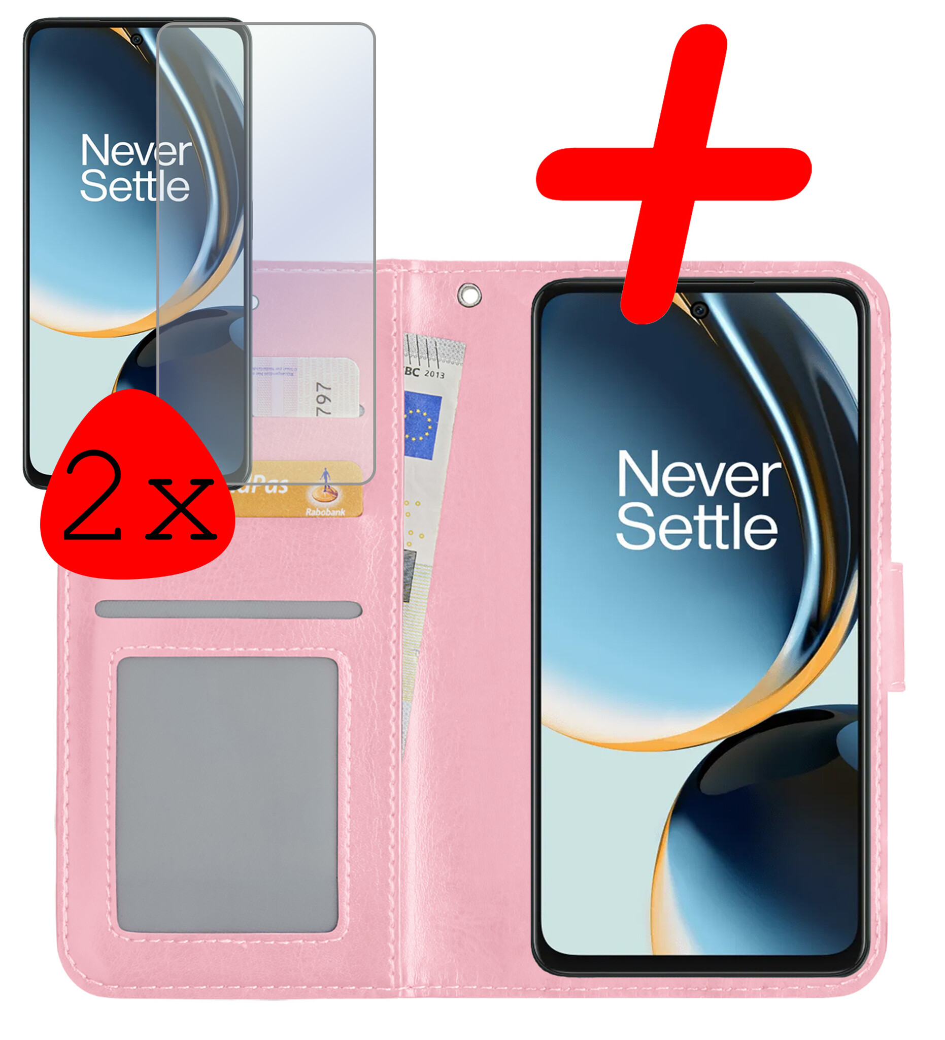 BASEY. Hoes Geschikt voor OnePlus Nord CE 3 Lite Hoesje Bookcase Hoes Flip Case Book Cover Met 2x Screenprotector - Hoesje Geschikt voor OnePlus Nord CE 3 Lite Hoes Book Case Hoesje - Lichtroze