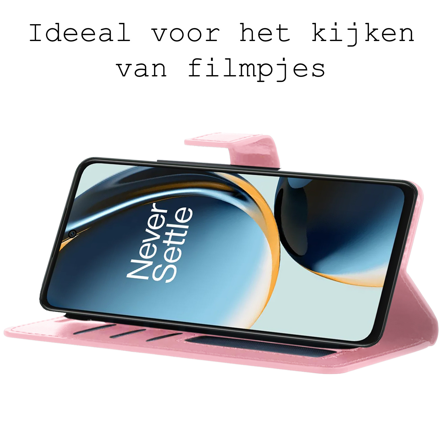 BASEY. Hoes Geschikt voor OnePlus Nord CE 3 Lite Hoesje Bookcase Hoes Flip Case Book Cover Met 2x Screenprotector - Hoesje Geschikt voor OnePlus Nord CE 3 Lite Hoes Book Case Hoesje - Lichtroze