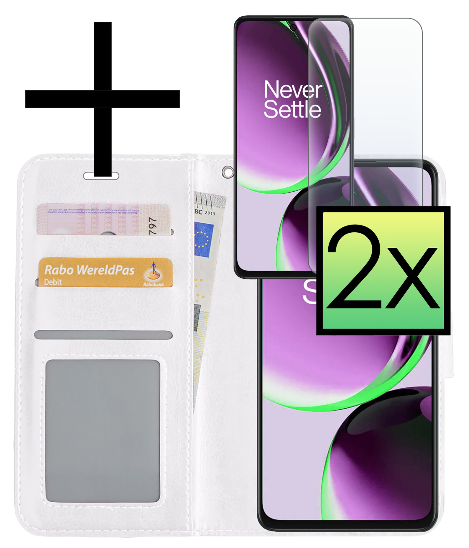 NoXx Hoes Geschikt voor OnePlus Nord CE 3 Lite Hoesje Book Case Hoes Flip Cover Wallet Bookcase Met 2x Screenprotector - Wit