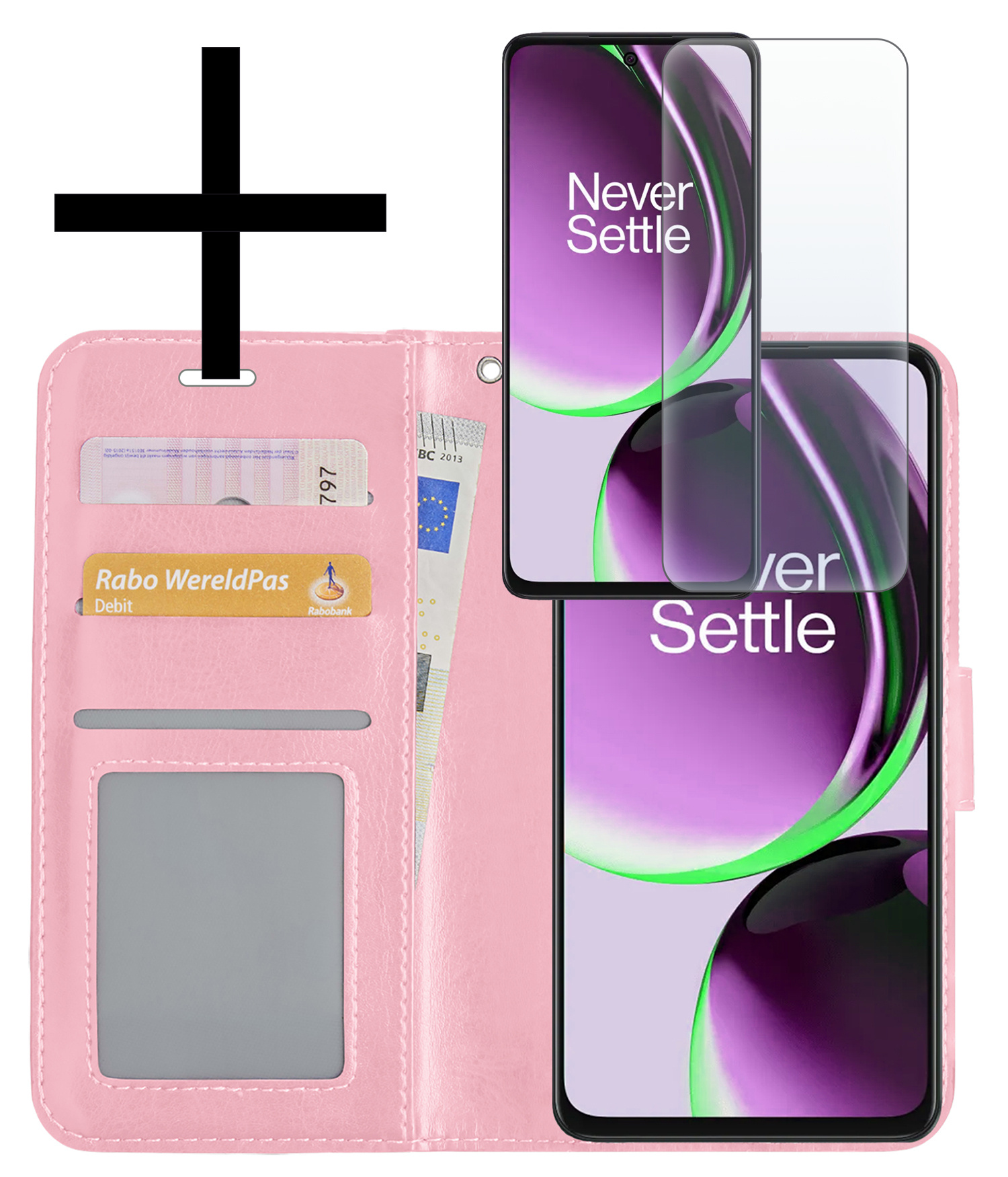 NoXx Hoes Geschikt voor OnePlus Nord CE 3 Lite Hoesje Book Case Hoes Flip Cover Wallet Bookcase Met Screenprotector - Lichtroze