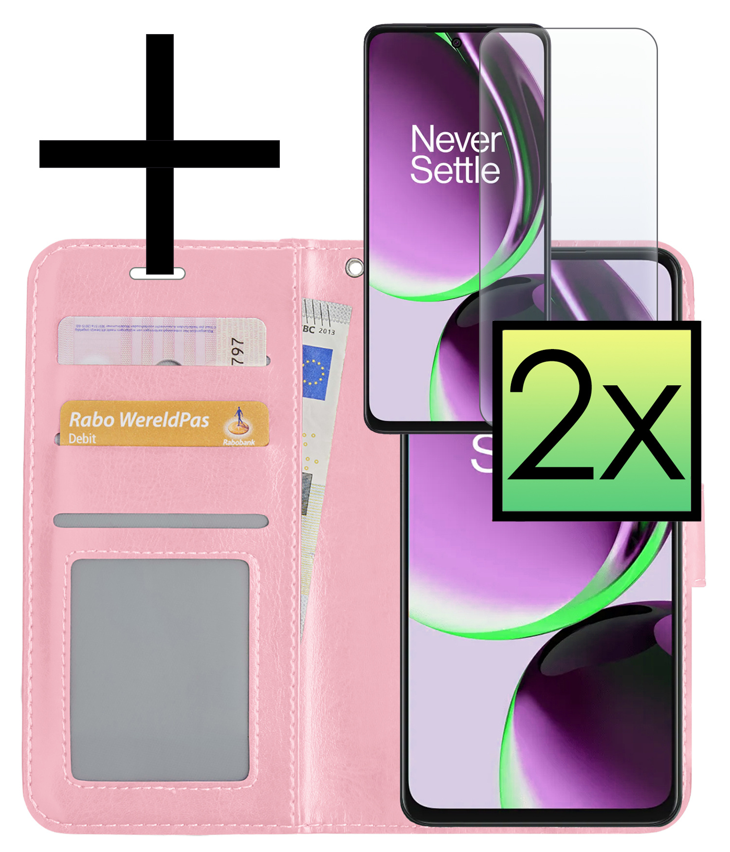 NoXx Hoes Geschikt voor OnePlus Nord CE 3 Lite Hoesje Book Case Hoes Flip Cover Wallet Bookcase Met 2x Screenprotector - Lichtroze