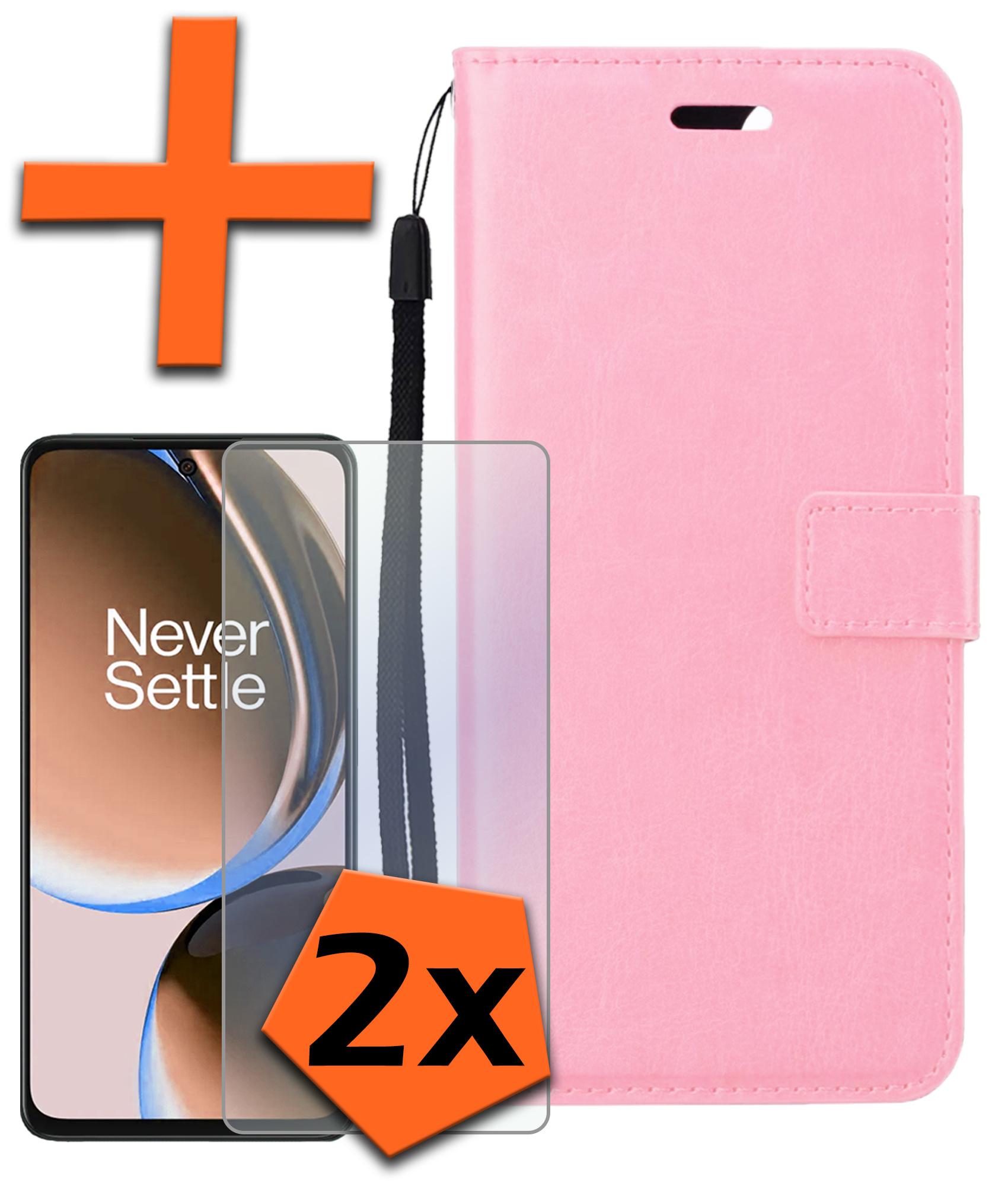 Nomfy Hoesje Geschikt voor OnePlus Nord CE 3 Lite Hoes Bookcase Flipcase Book Cover Met 2x Screenprotector - Hoes Geschikt voor OnePlus Nord CE 3 Lite Hoesje Book Case - Lichtroze