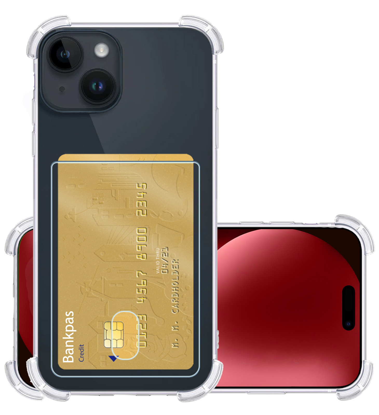 NoXx Hoes Geschikt voor iPhone 15 Hoesje Pasjeshouder Cover Shock Proof Case Siliconen Hoes Met Kaarthouder - Transparant