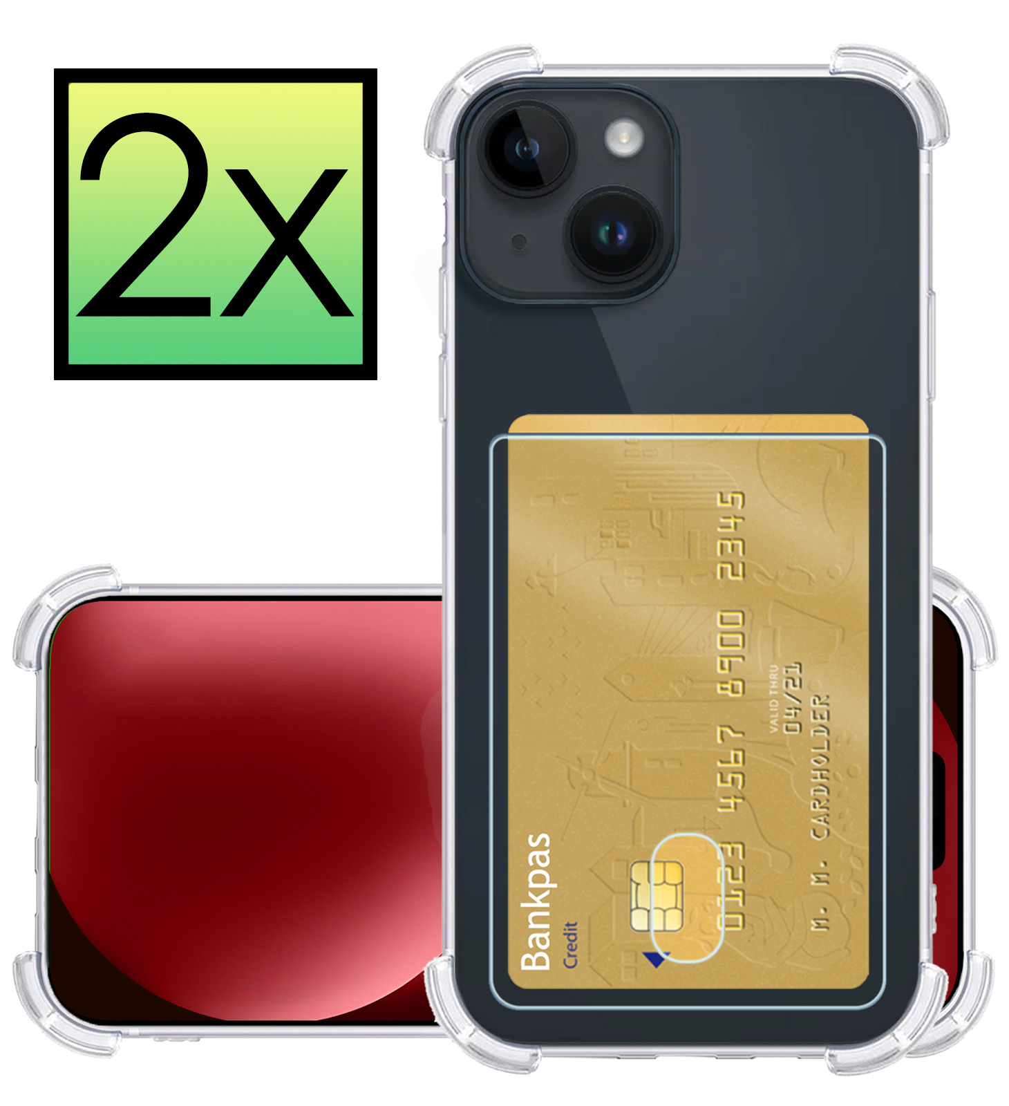 NoXx Hoes Geschikt voor iPhone 15 Hoesje Pasjeshouder Cover Shock Proof Case Siliconen Hoes Met Kaarthouder - Transparant - 2x